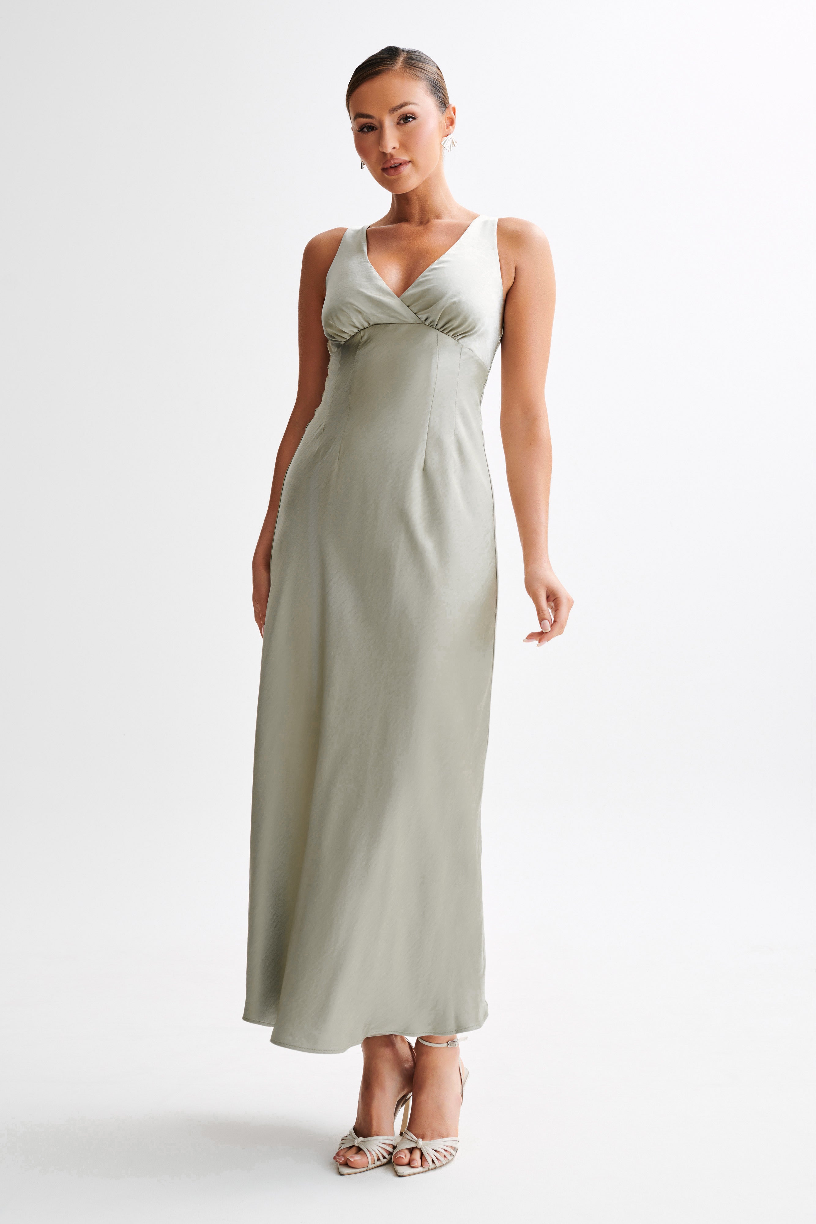 Satin Maxi Dress with V Neckline & Back Zip | Meghan Sage