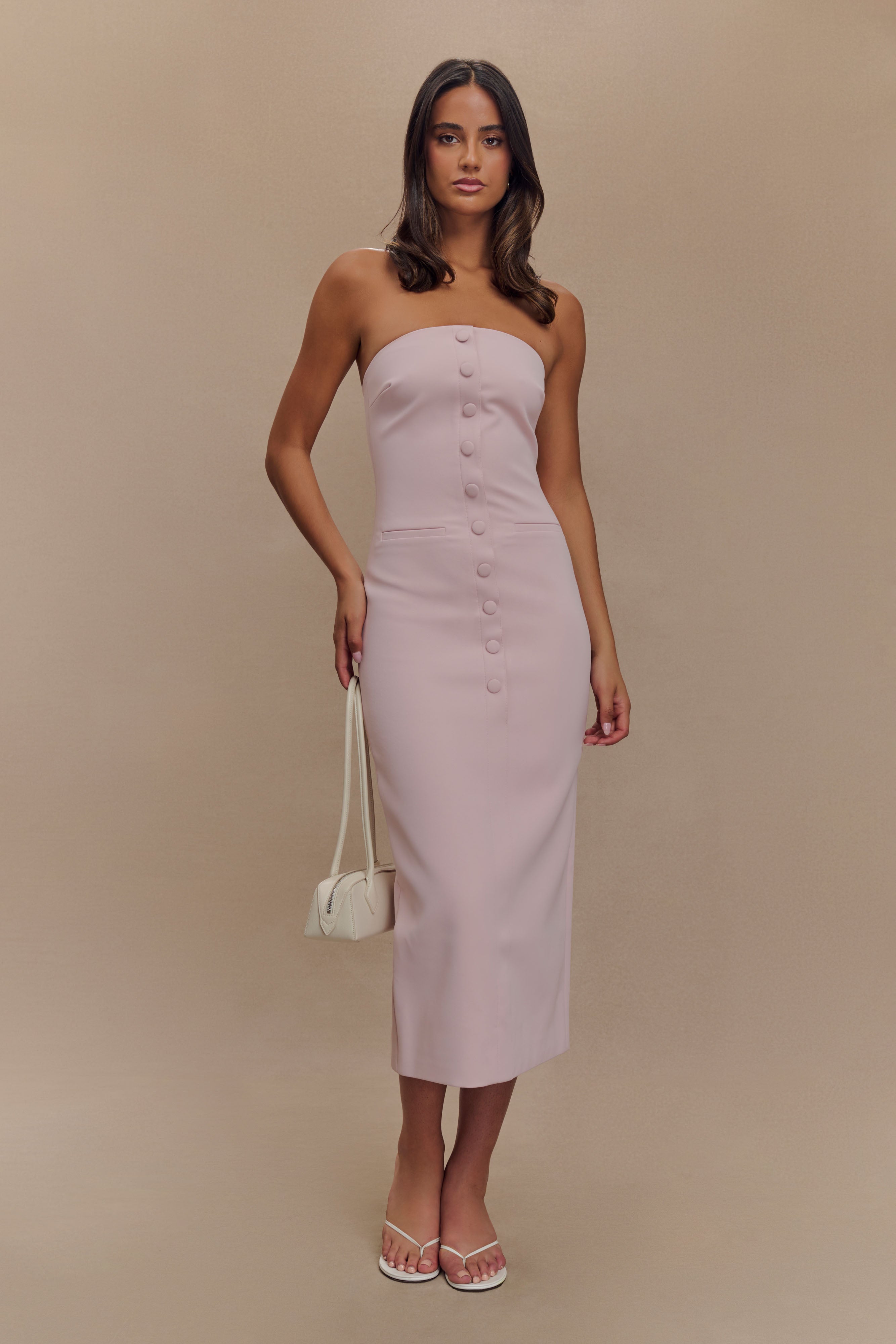 Strapless Midi Dress with Pockets & Back Vent | Sussan Powder Pink