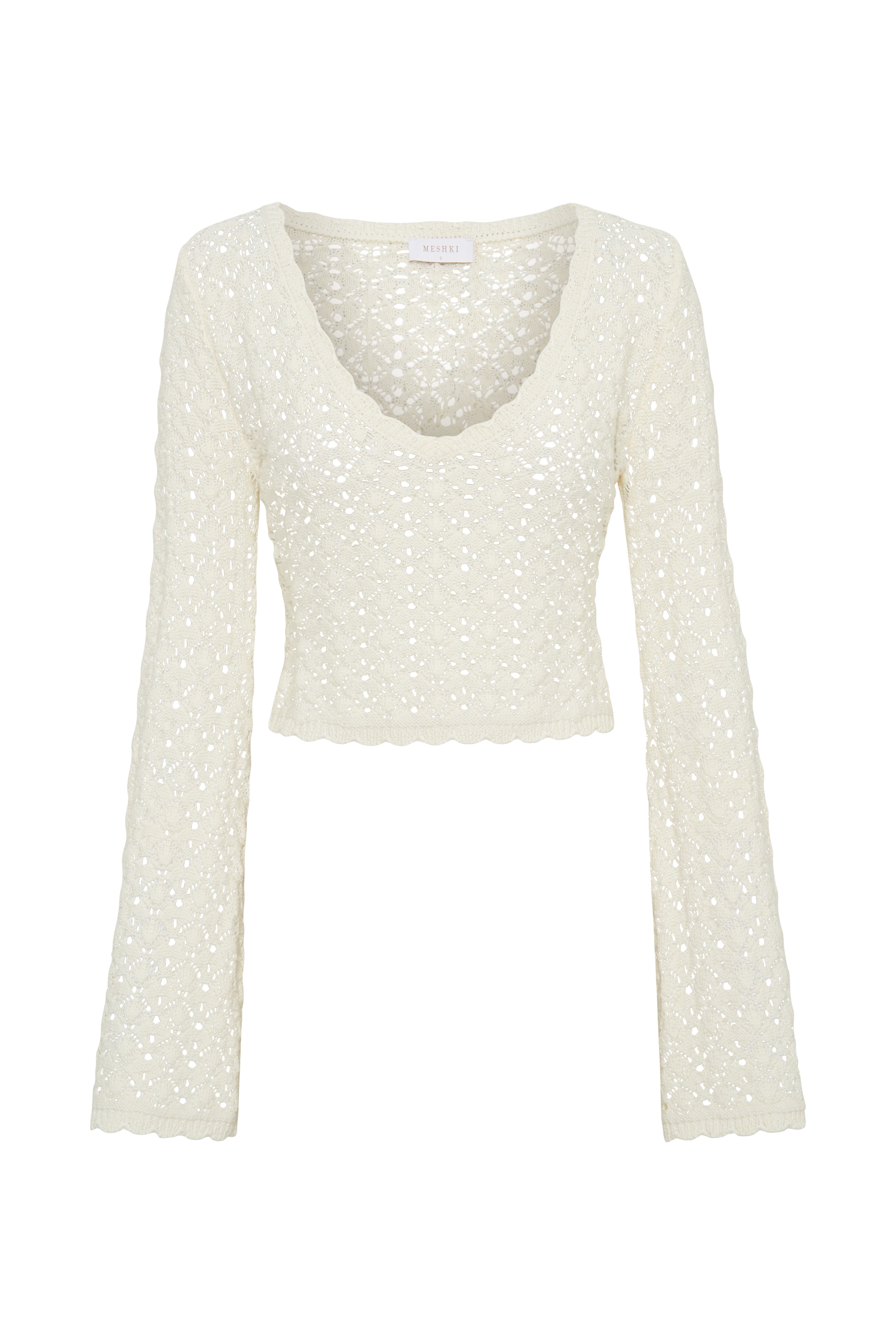 Scalloped Long Sleeve Knit Top with V Neckline | Anais Ivory
