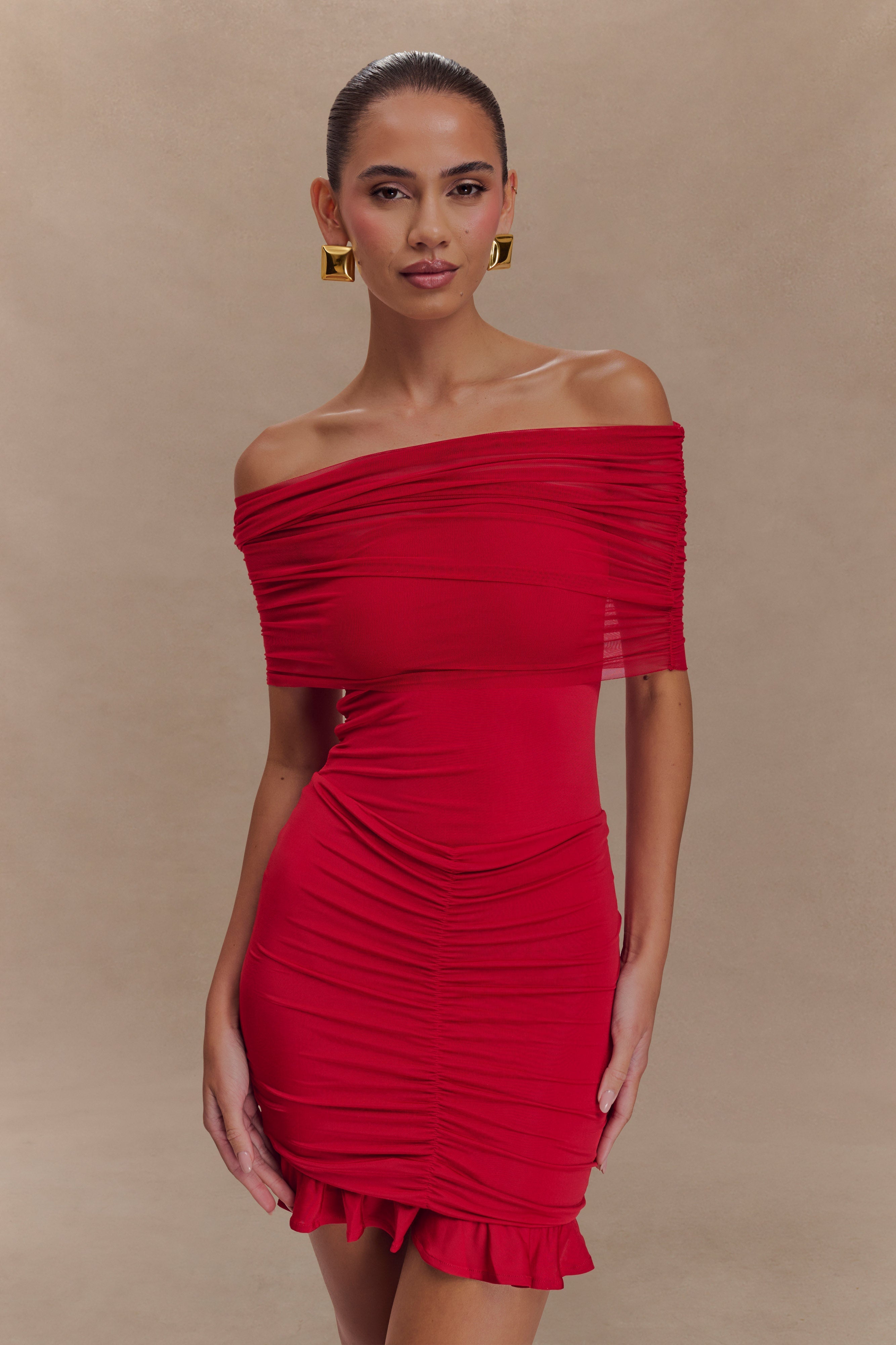 Off Shoulder Mini Dress with Mesh Overlay & Ruching | Caspian Ruby