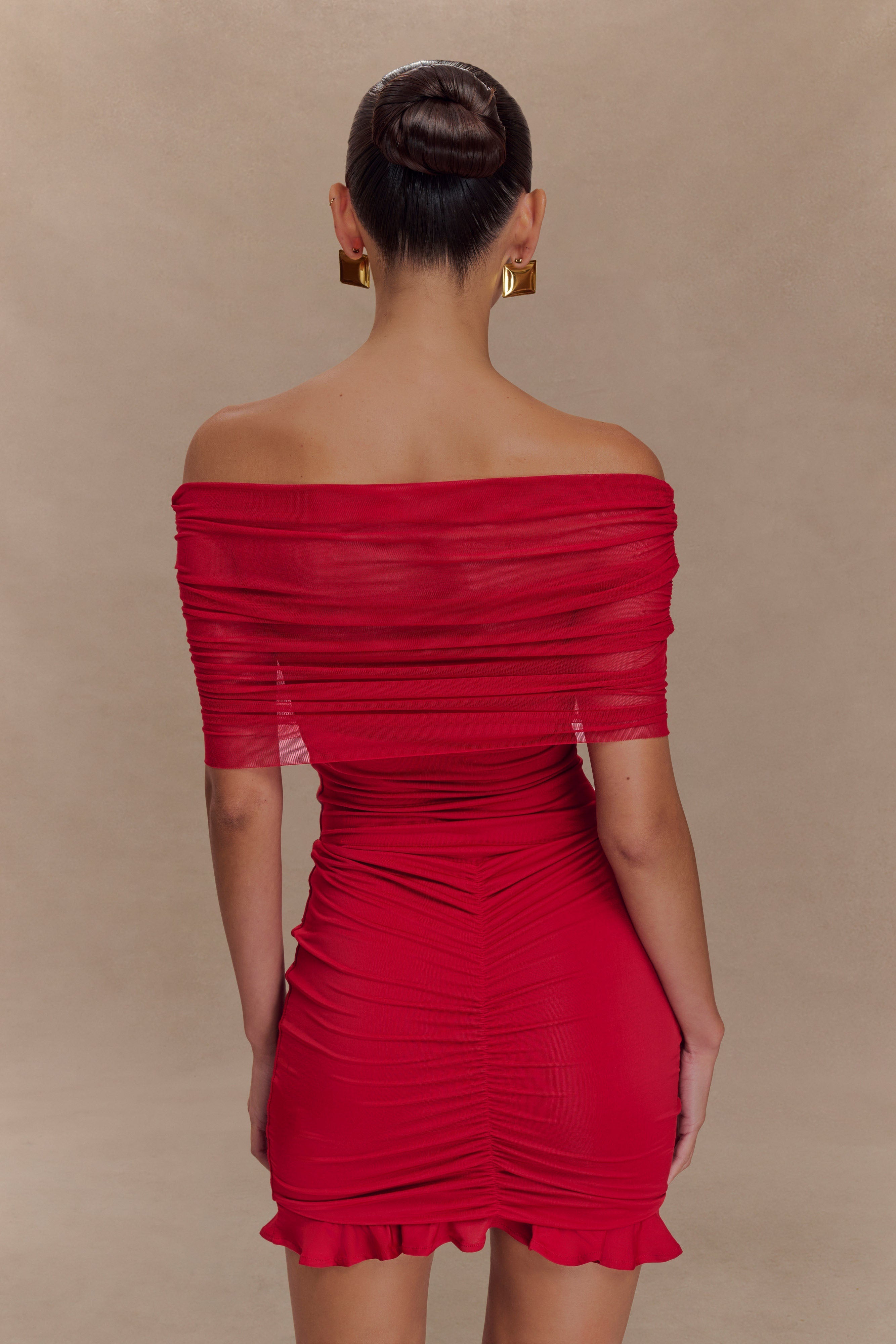 Off Shoulder Mini Dress with Mesh Overlay & Ruching | Caspian Ruby
