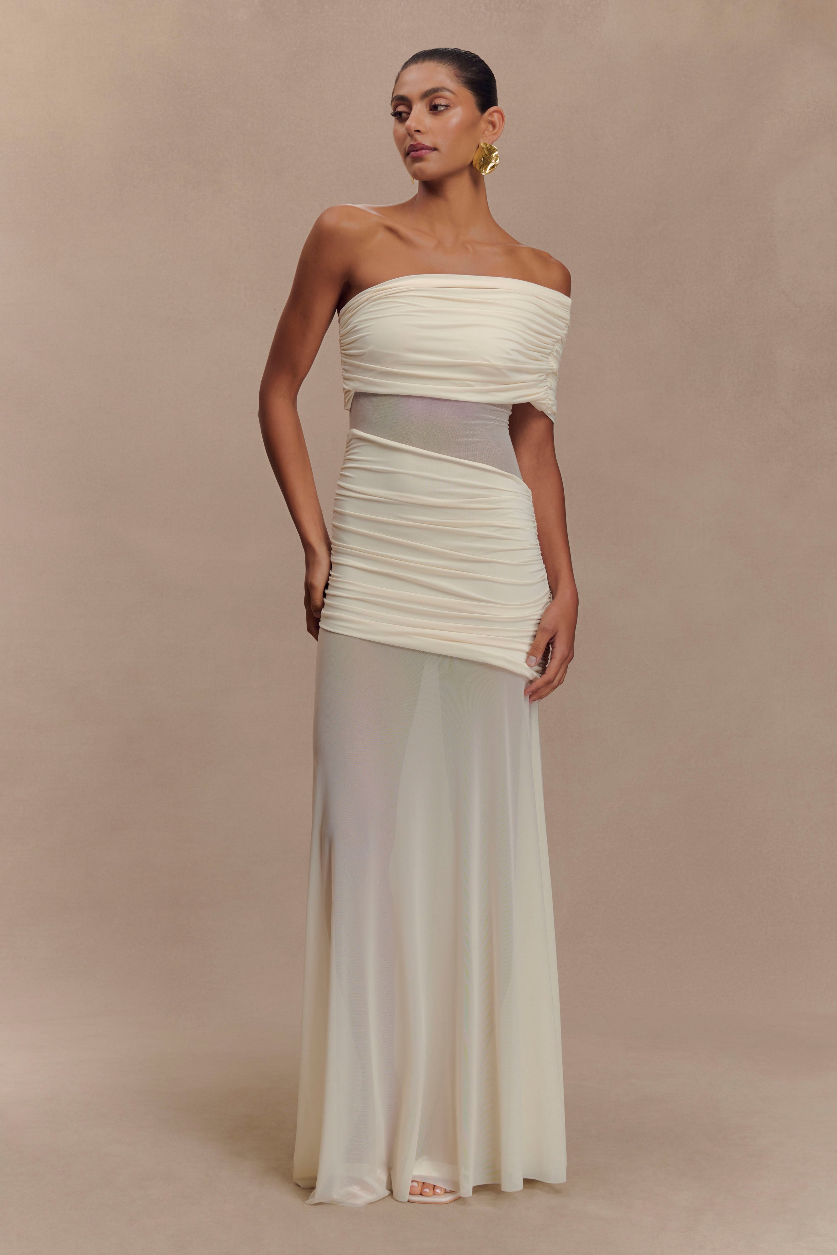 One Shoulder Mesh Maxi Dress for Evening Events | Dallas Ivory