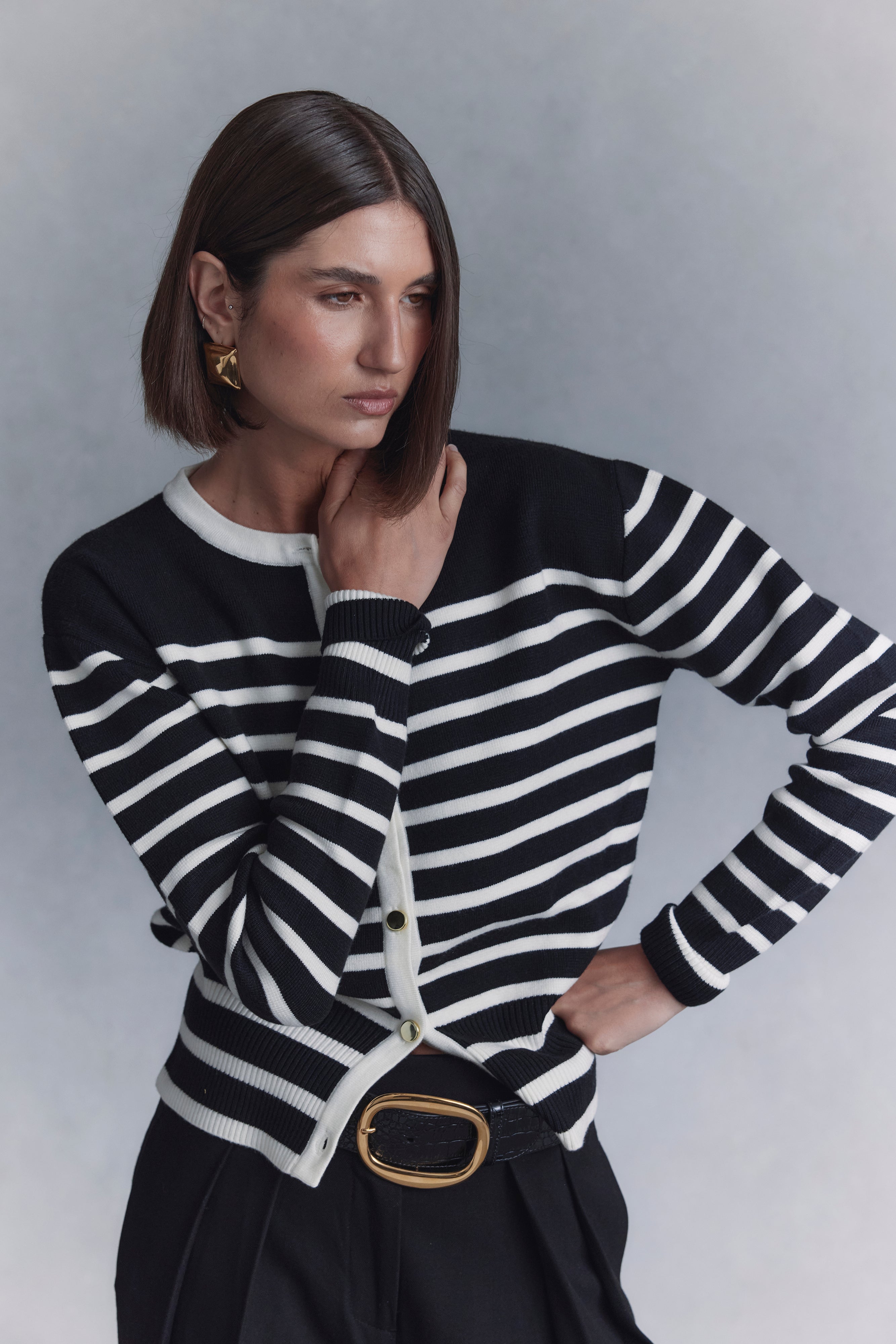 Striped Knit Cardigan with Button Front & Drop Shoulder | Talia