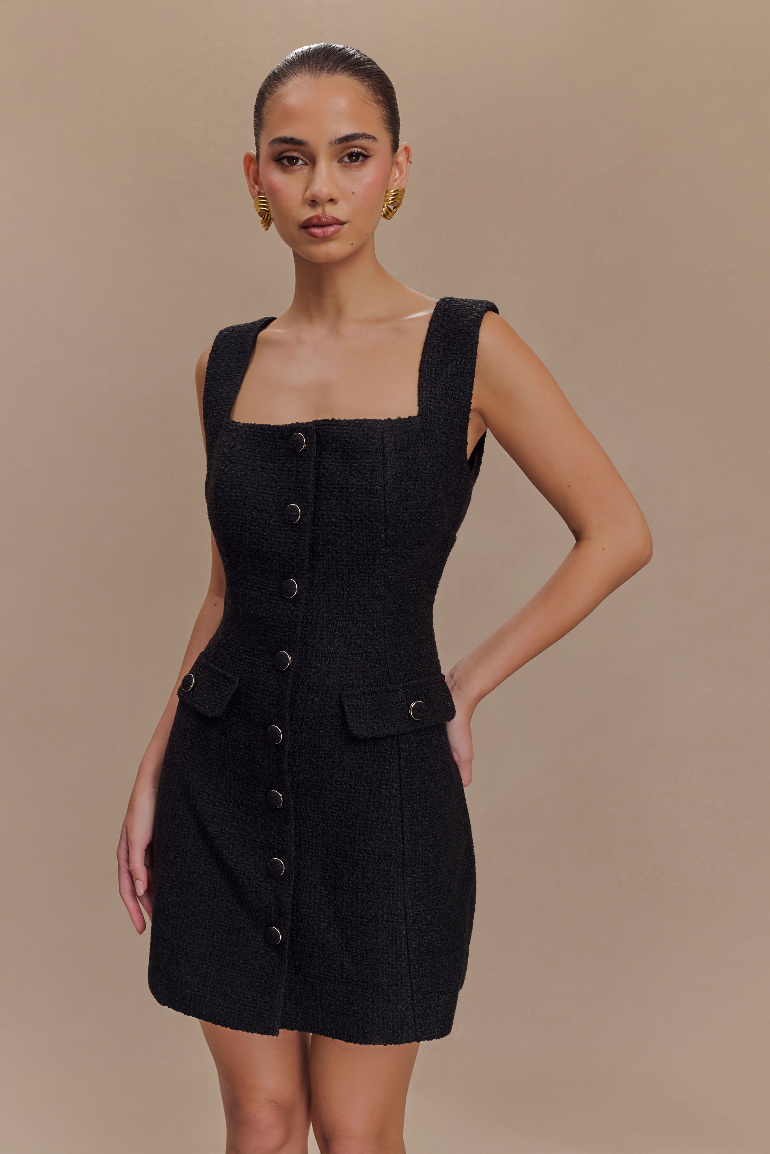 Boucle Mini Dress with Front Pockets & Square Neckline | Desire