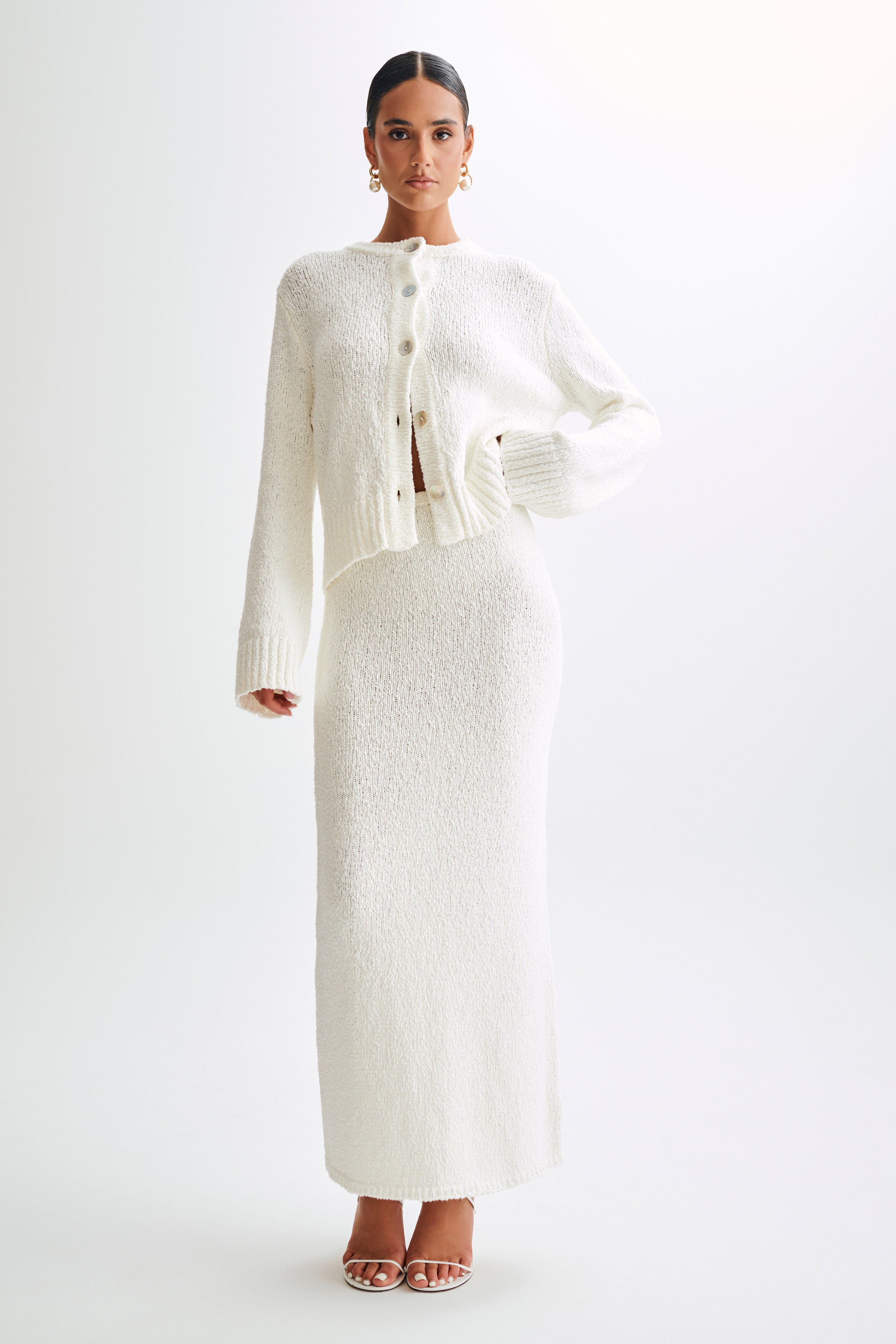 Boucle Maxi Skirt with Elastic Waist - White | Moira