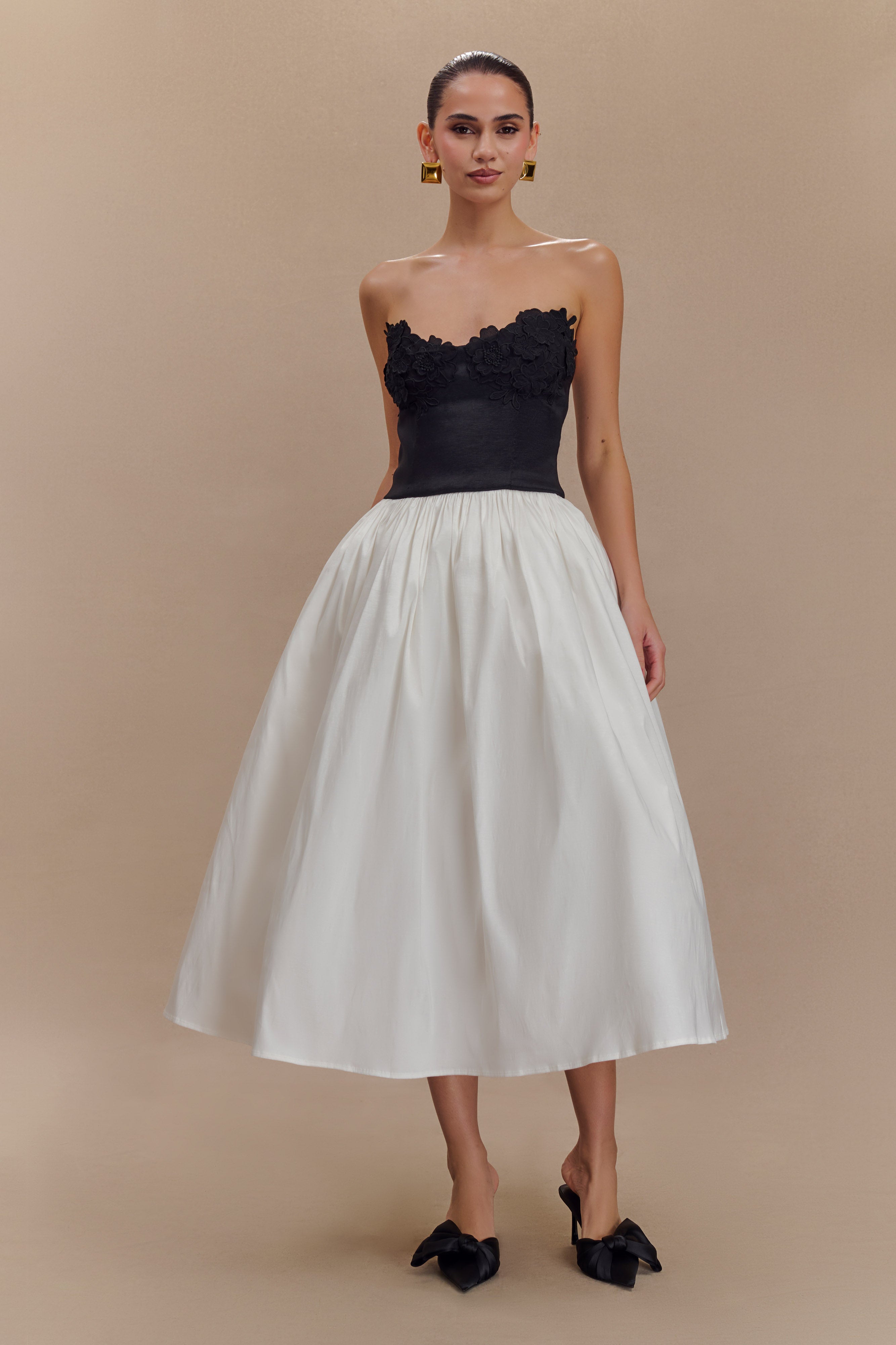 Embroidered Strapless Midi Dress for Formal Events | Elyssa