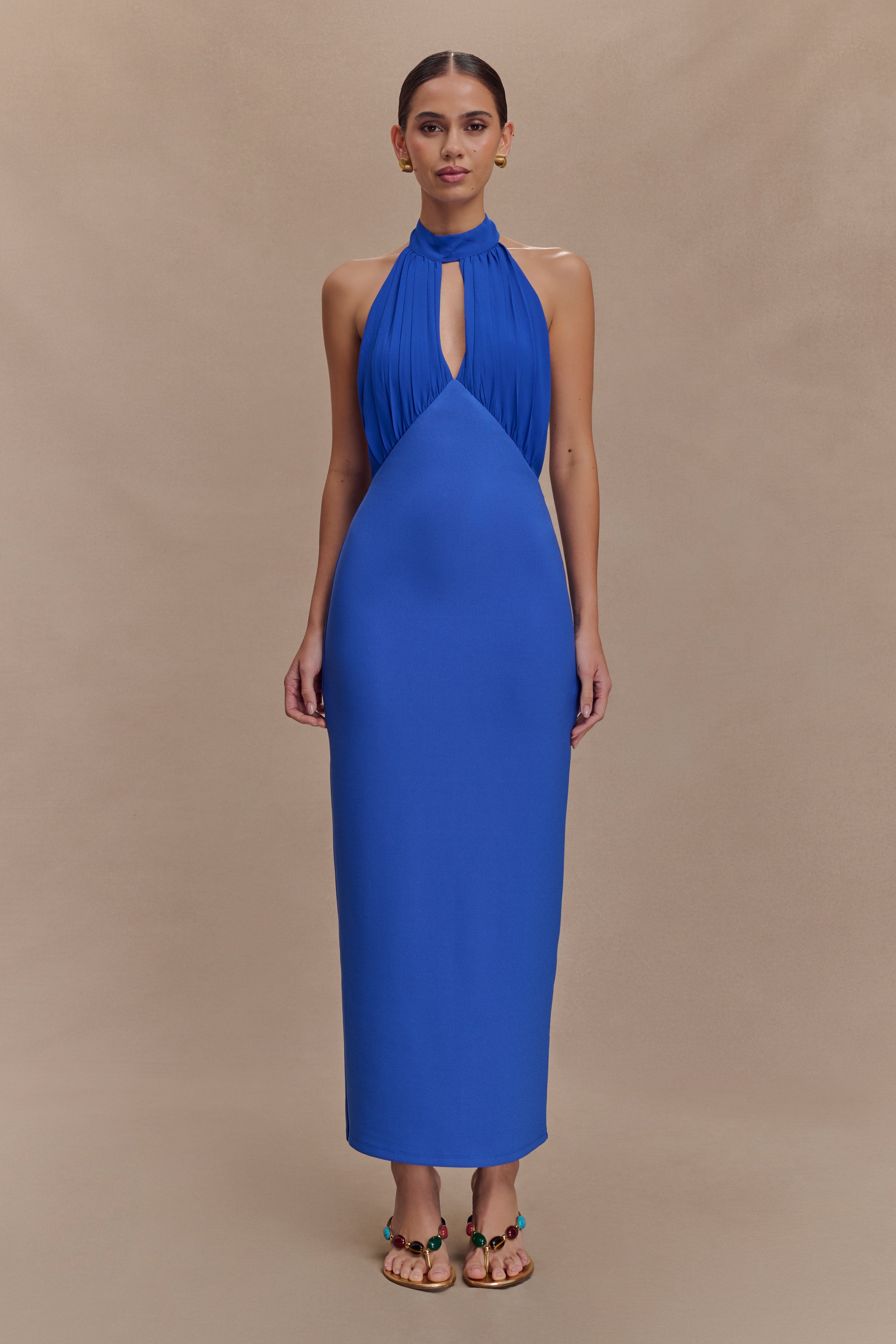 Halter Midi Dress with Asymmetrical Neckline & Cowl Back | Mierah
