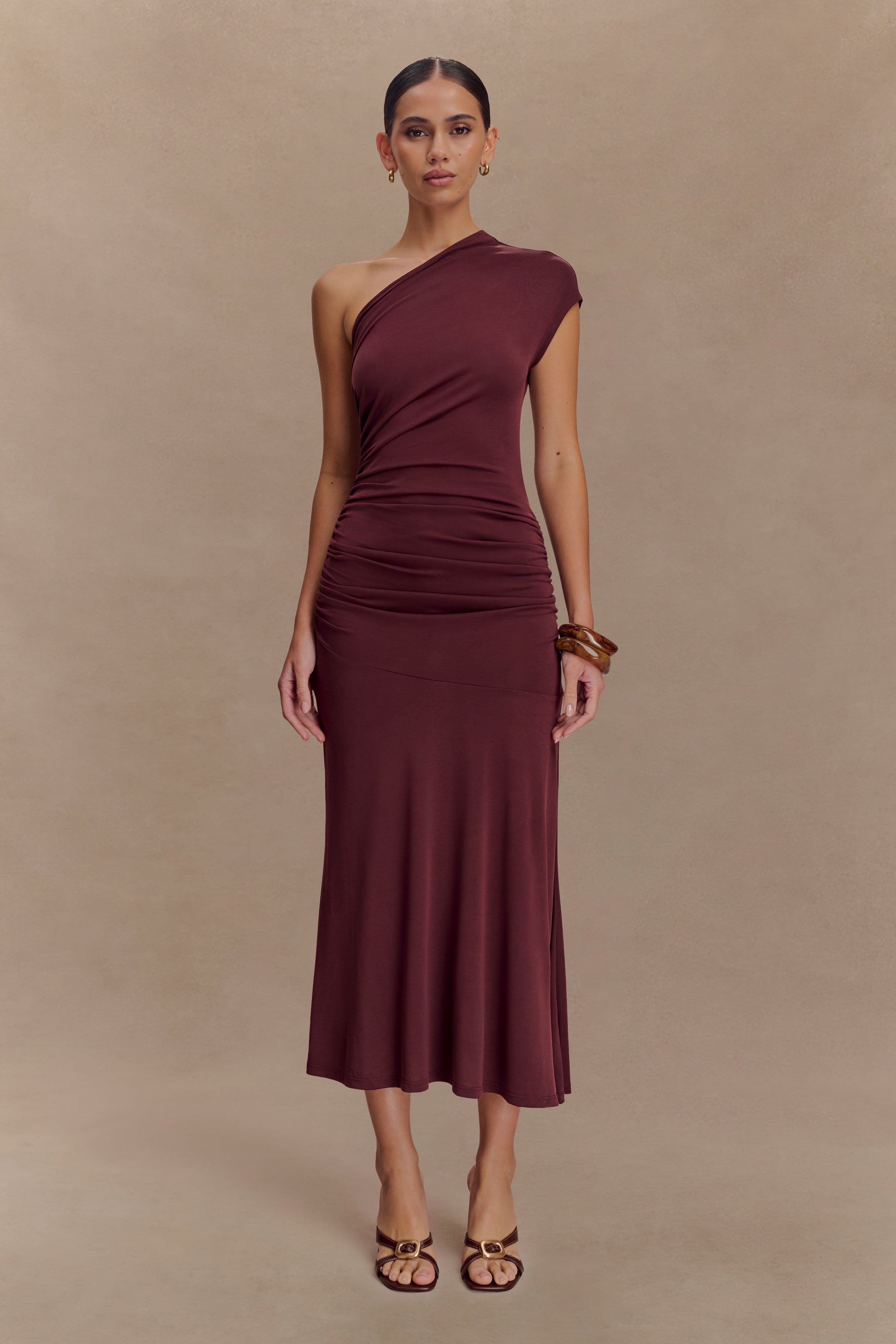 One Shoulder Midi Dress with Waist Ruching | Chloe Peached Jersey