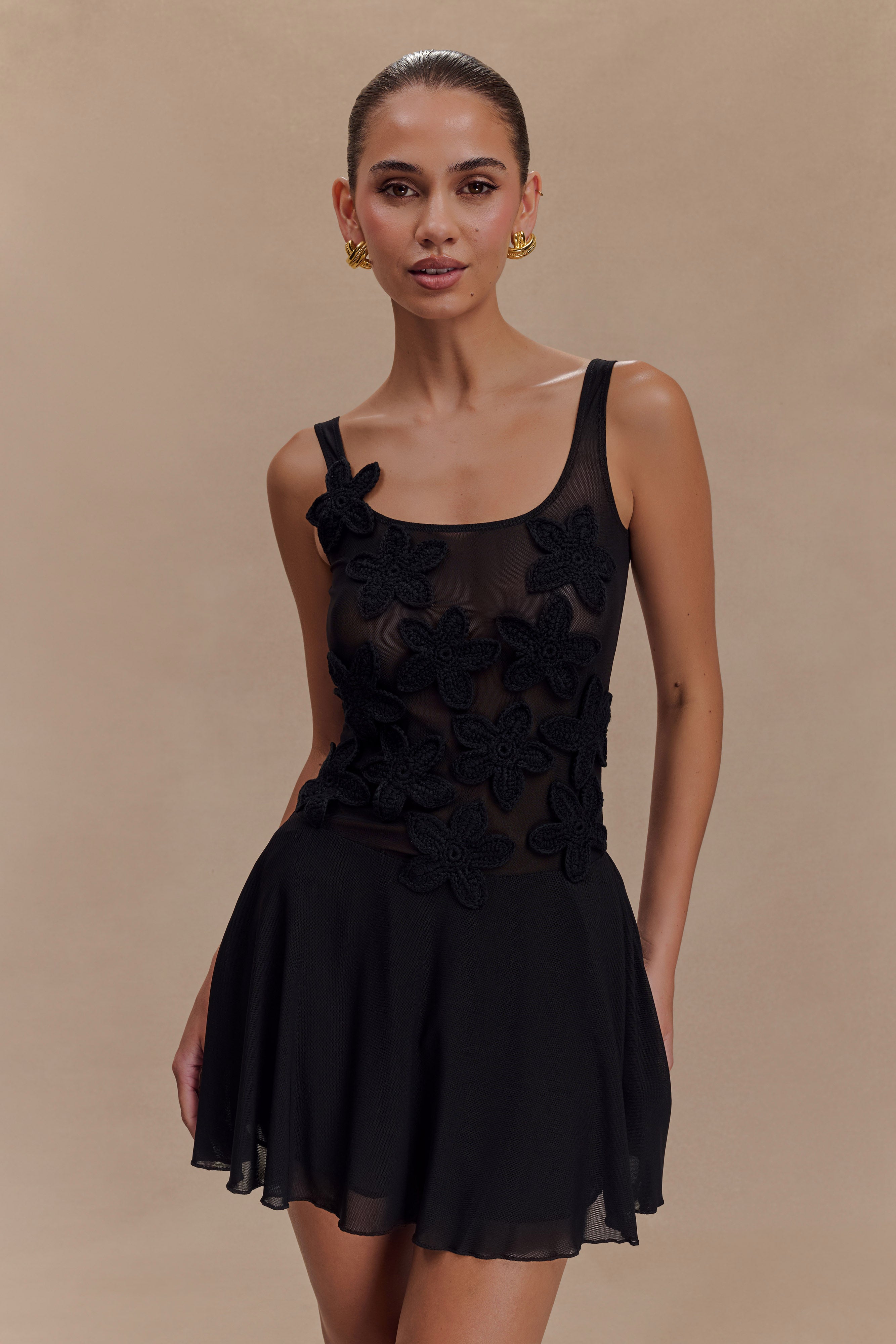 Floral Mesh Mini Dress with Square Neckline | Melanie Black