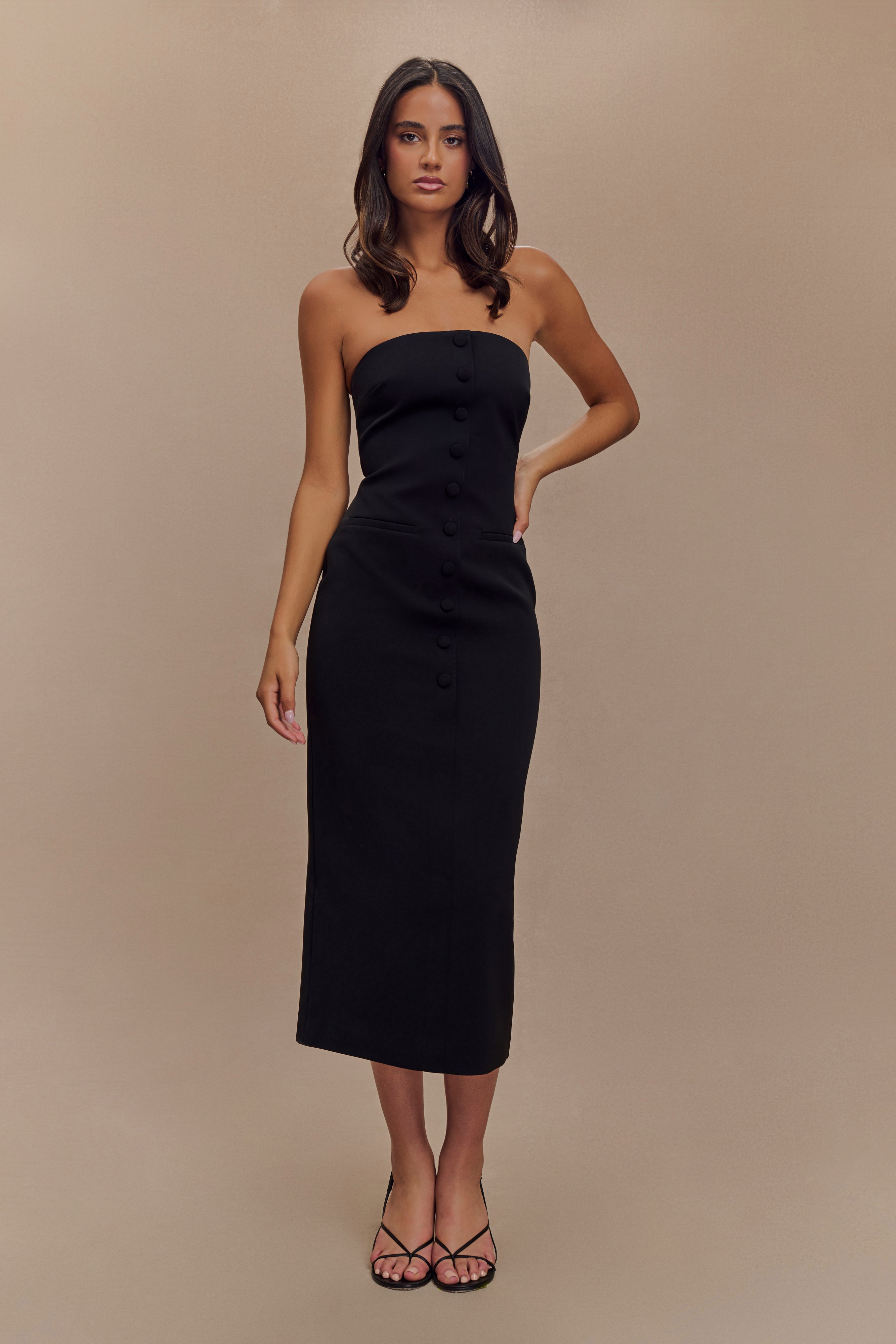 Strapless Midi Dress with Pockets & Back Vent | Sussan Black