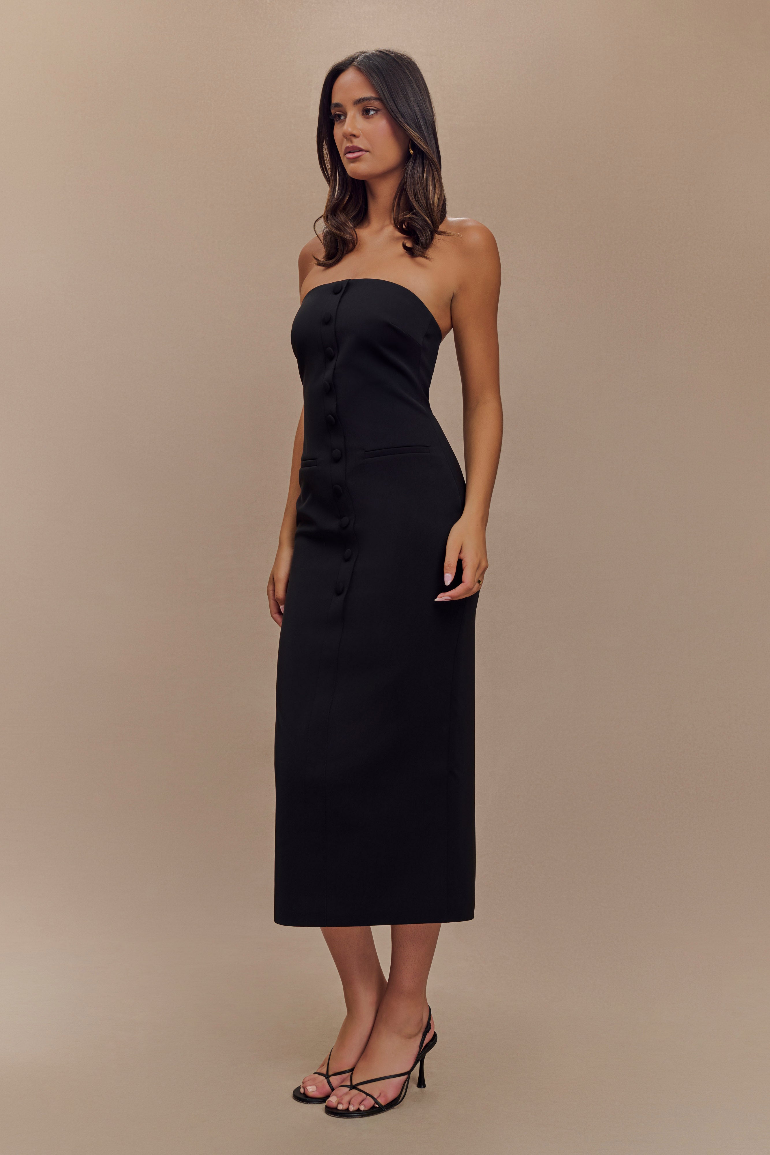 Strapless Midi Dress with Pockets & Back Vent | Sussan Black
