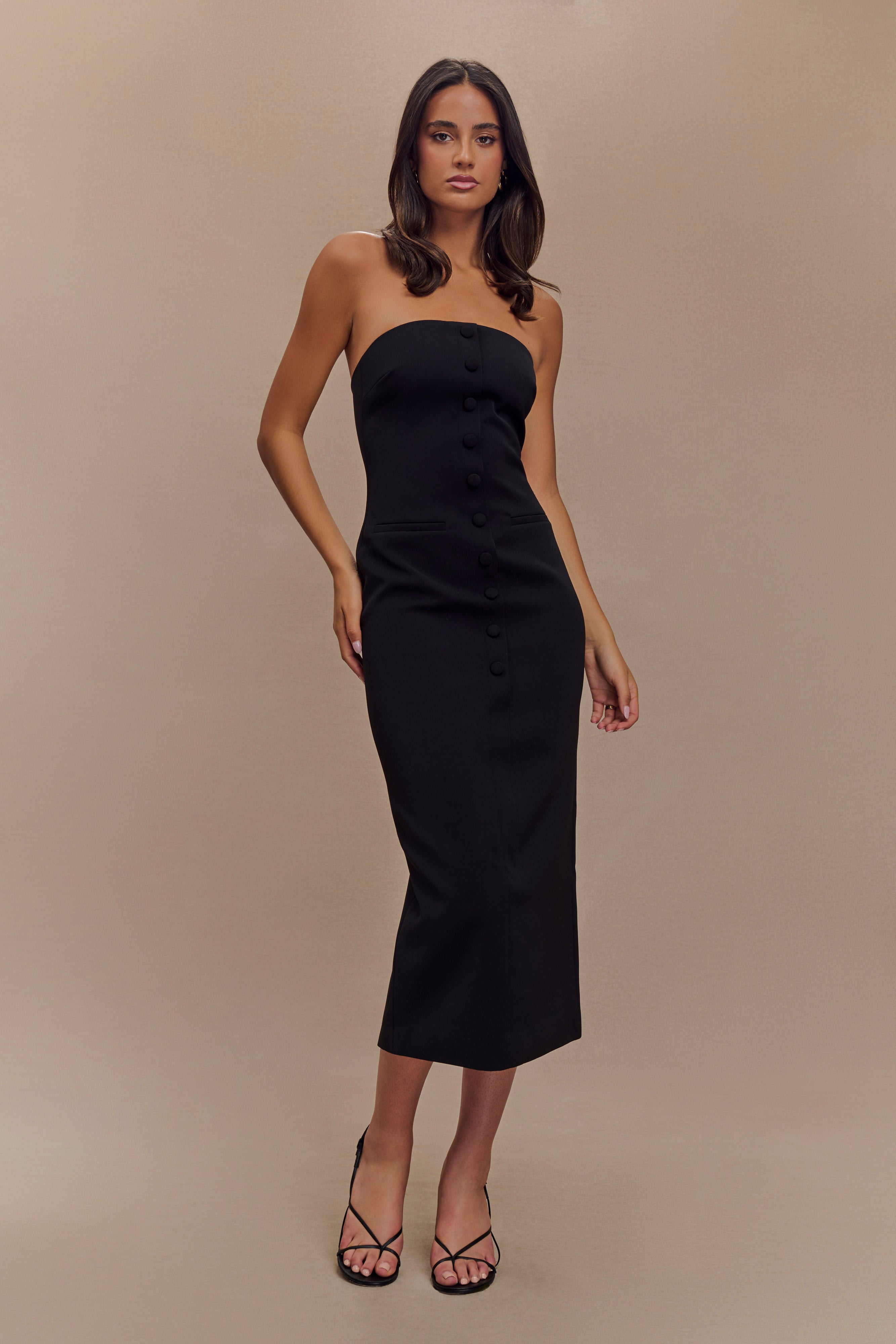 Strapless Midi Dress with Pockets & Back Vent | Sussan Black