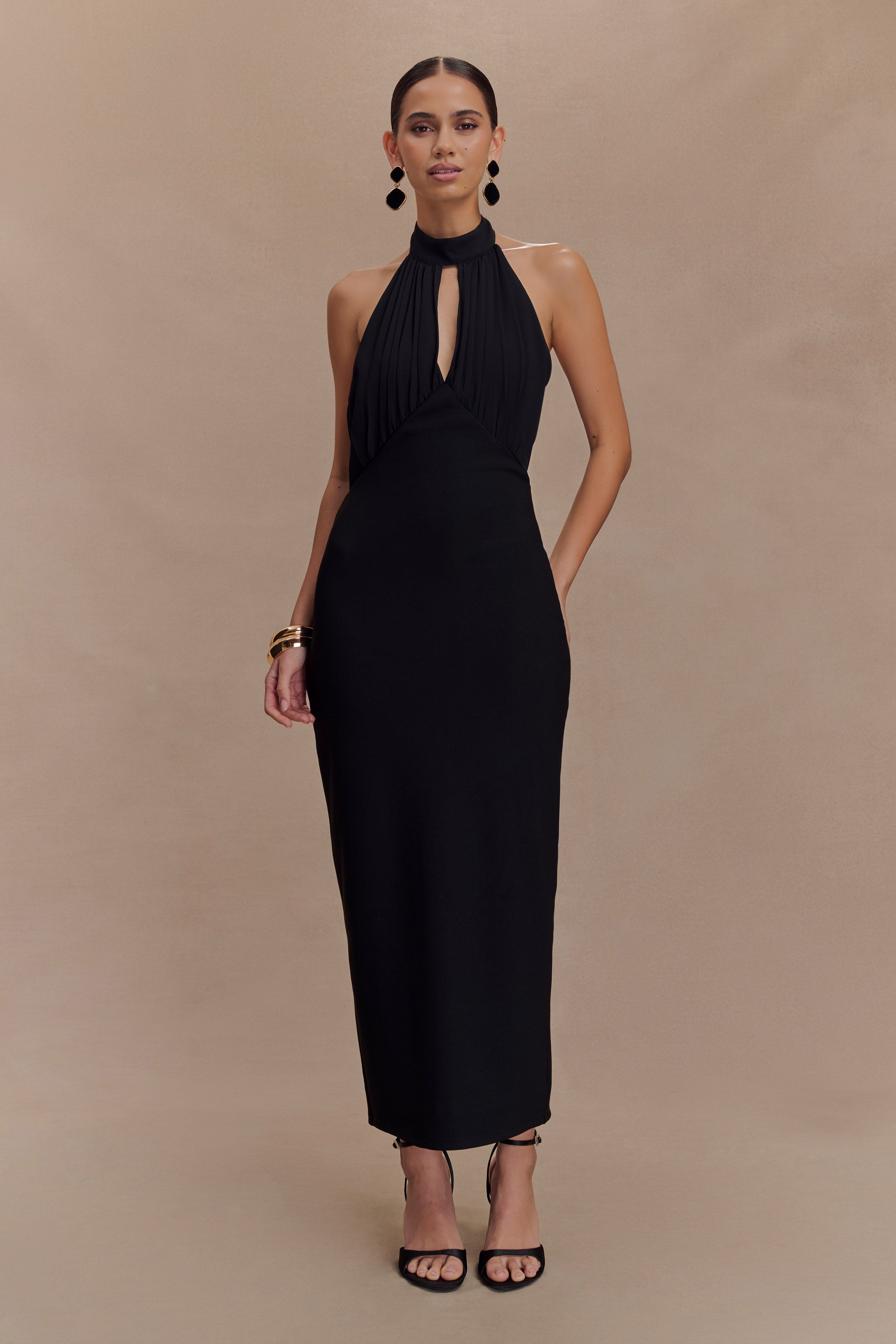 Halter Midi Dress with Asymmetrical Neckline & Cowl Back | Mierah