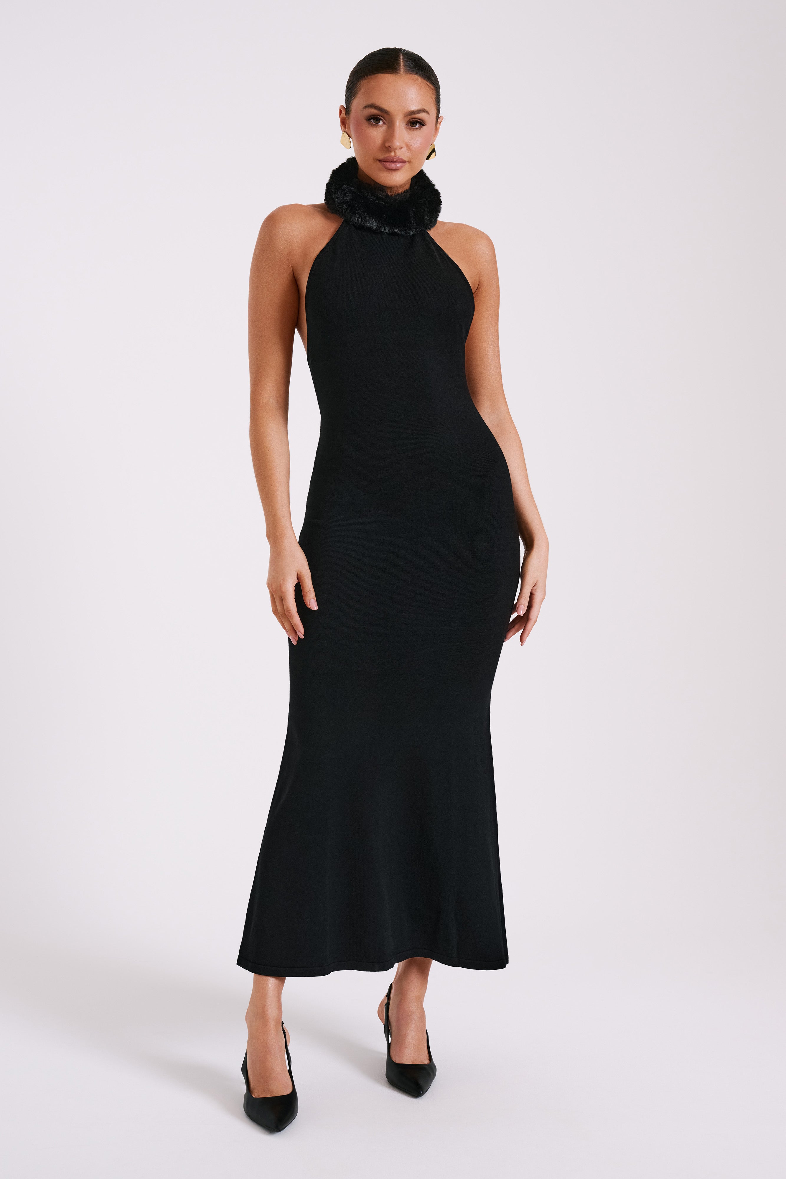 Black Halter Neck Maxi Dress with Removable Faux Fur | Elva