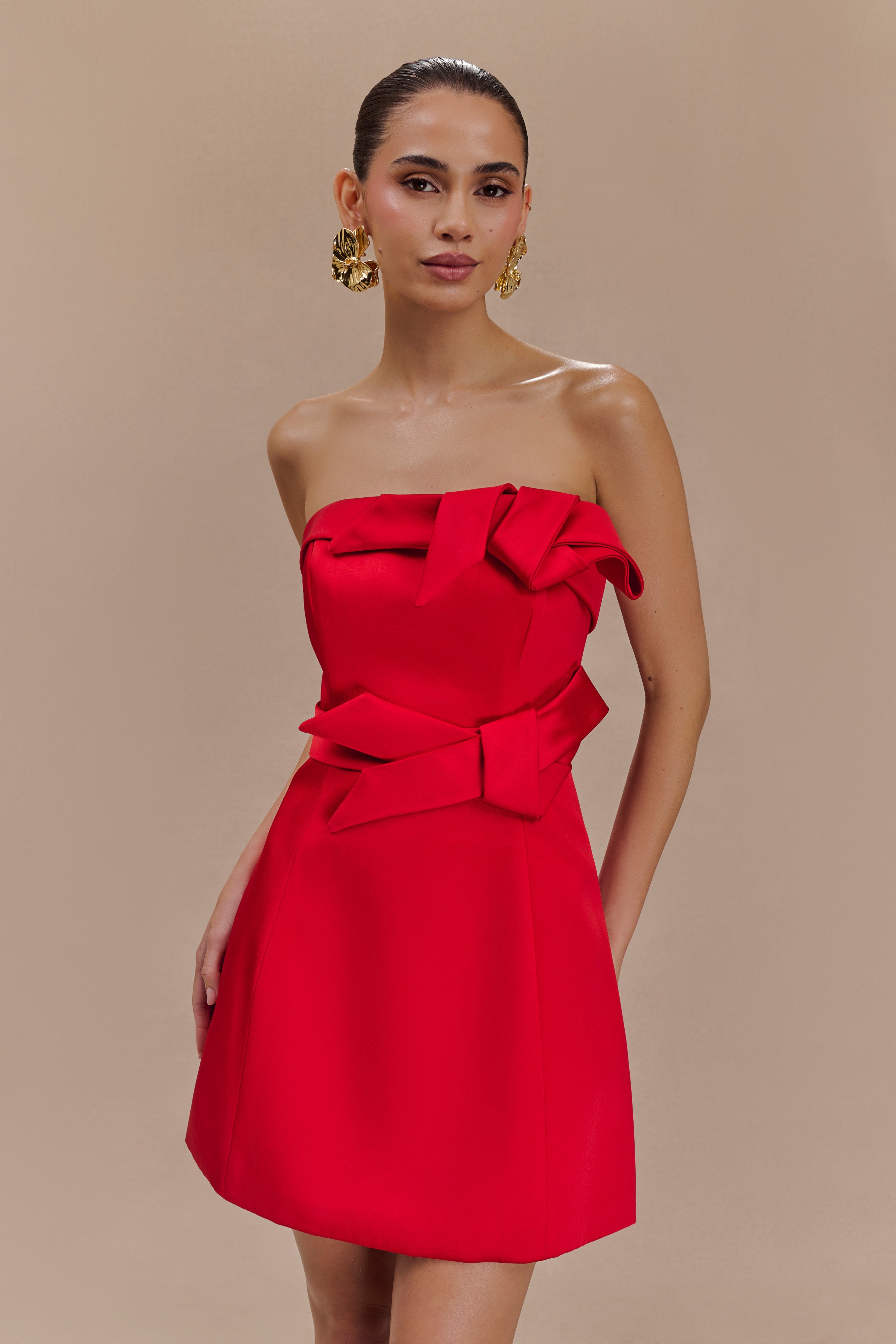Strapless Bow Mini Dress in Satin - Tatiana | Red