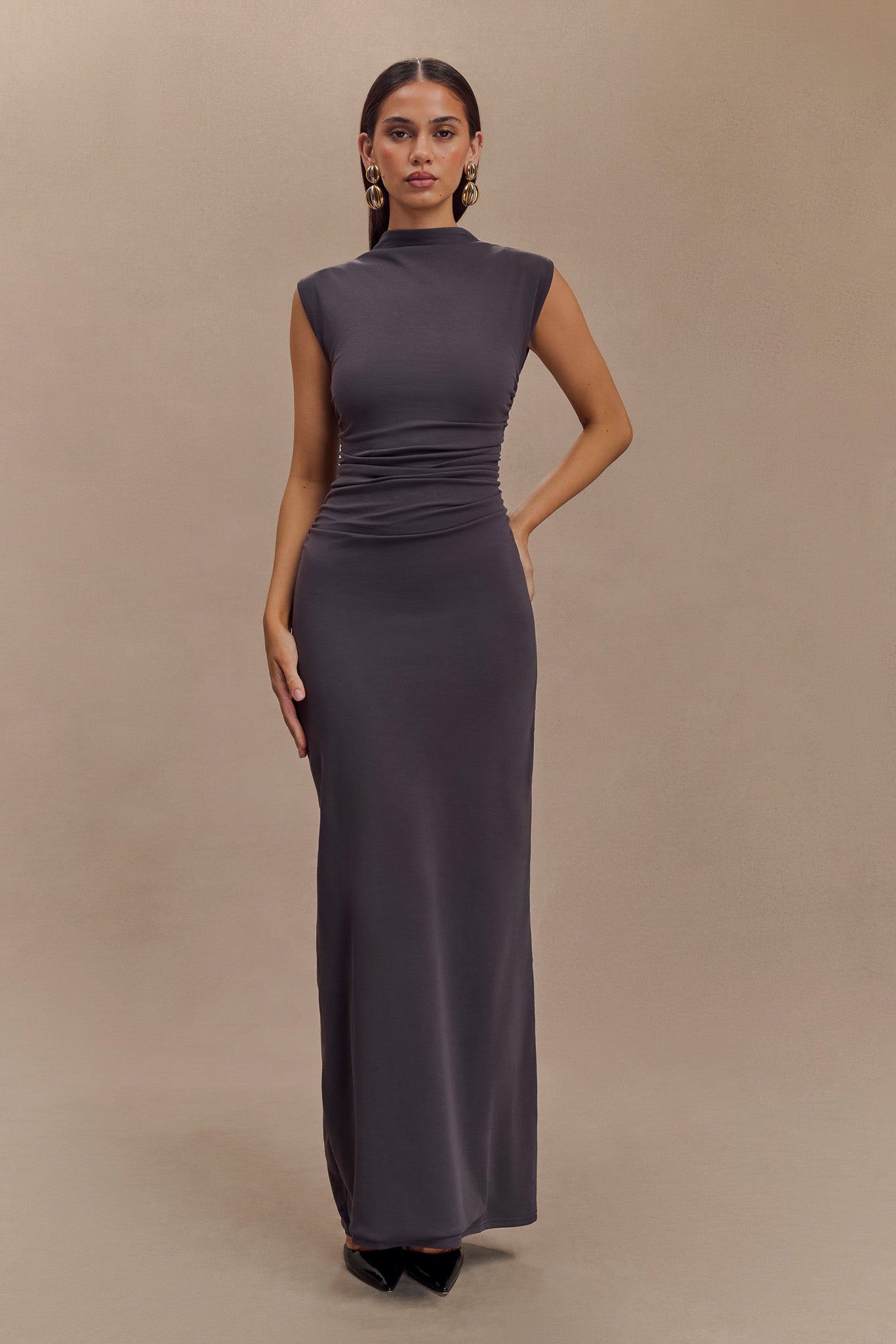 High Neck Sleeveless Maxi Dress with Ruched Details | Elliot Dark Charcoal