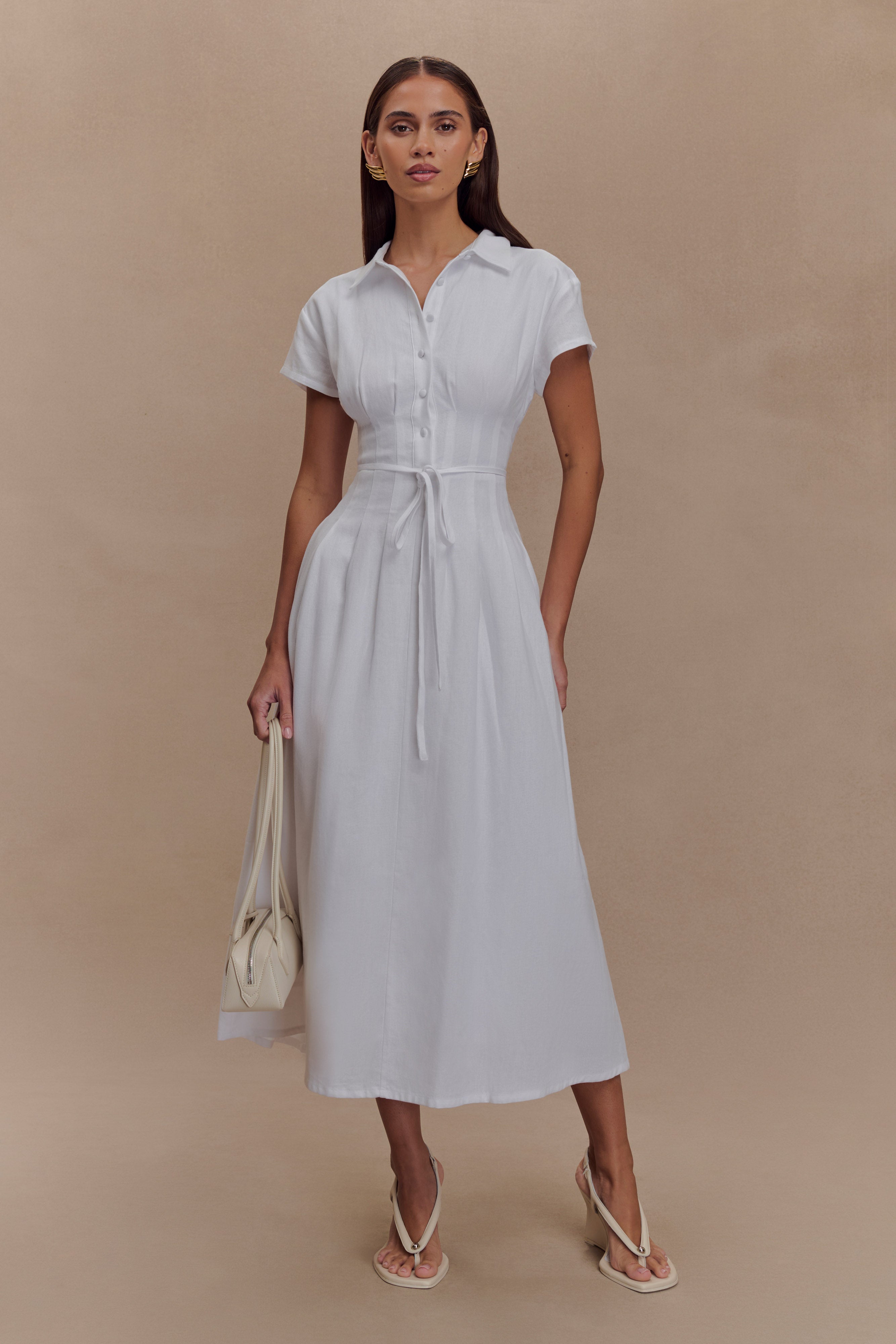 Buttoned Linen Midi Dress with Waist Tie | Aysha White