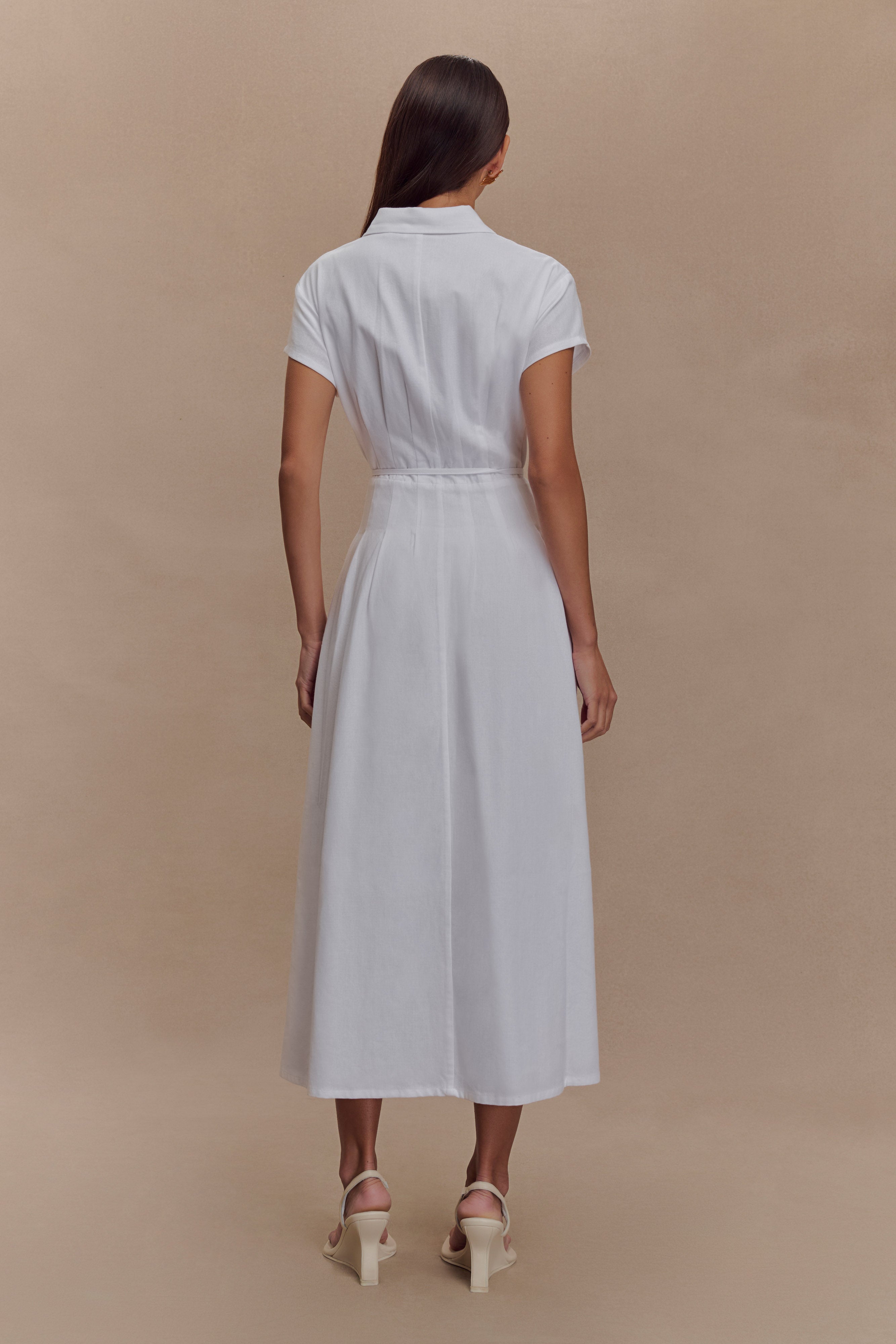 Buttoned Linen Midi Dress with Waist Tie | Aysha White
