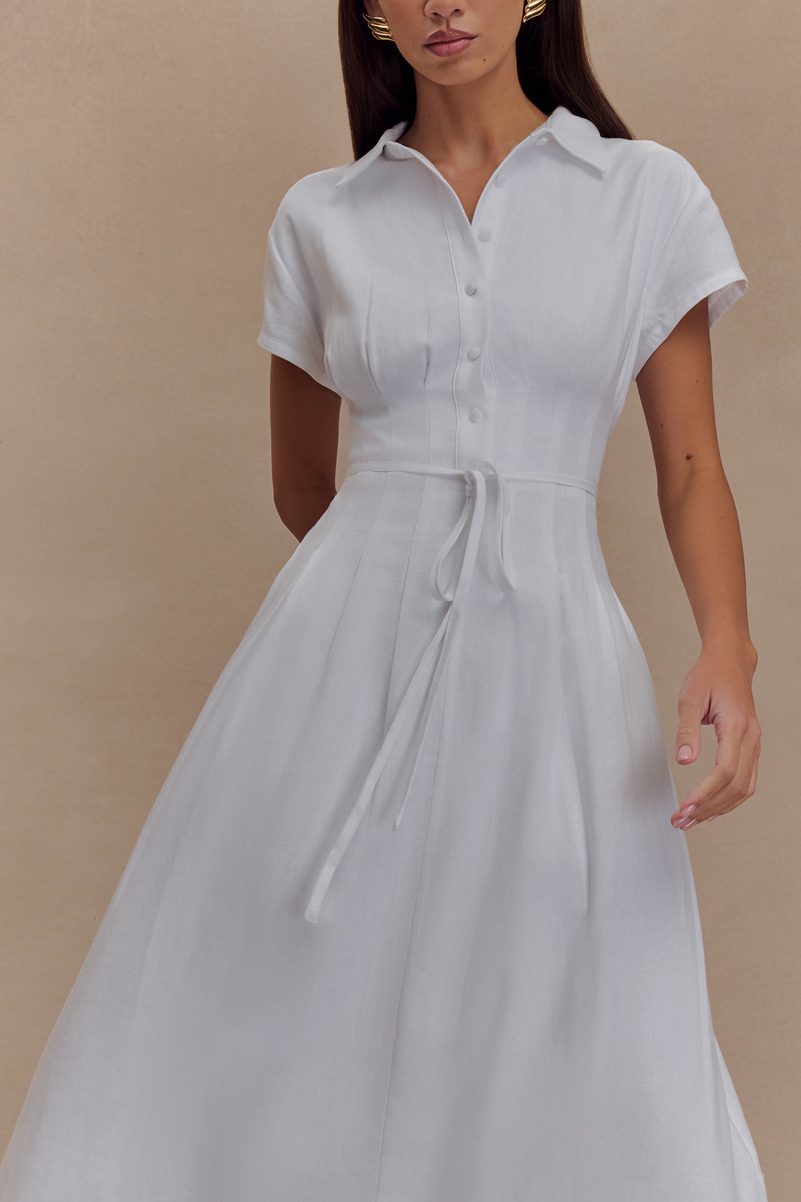 Buttoned Linen Midi Dress with Waist Tie | Aysha White