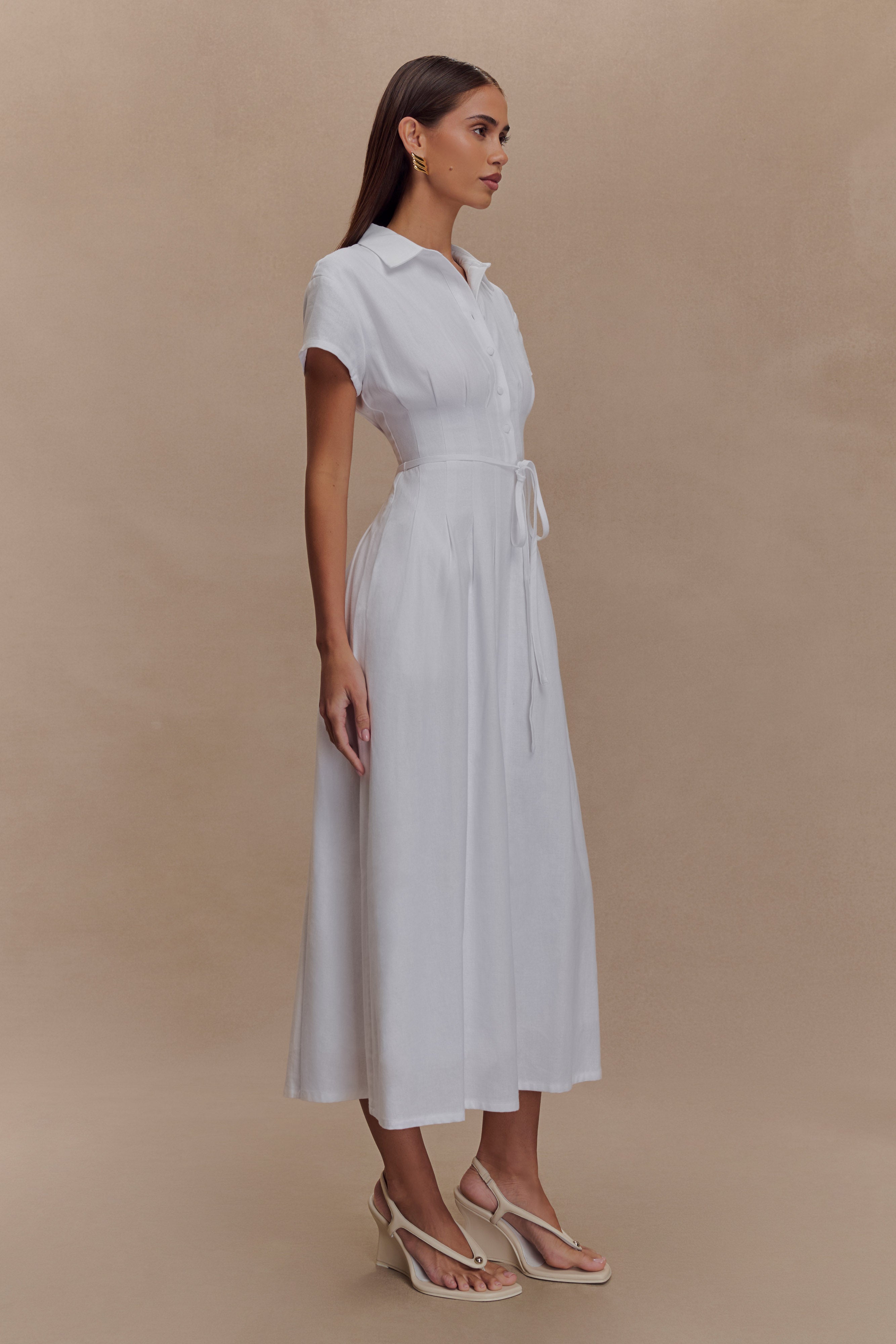 Buttoned Linen Midi Dress with Waist Tie | Aysha White