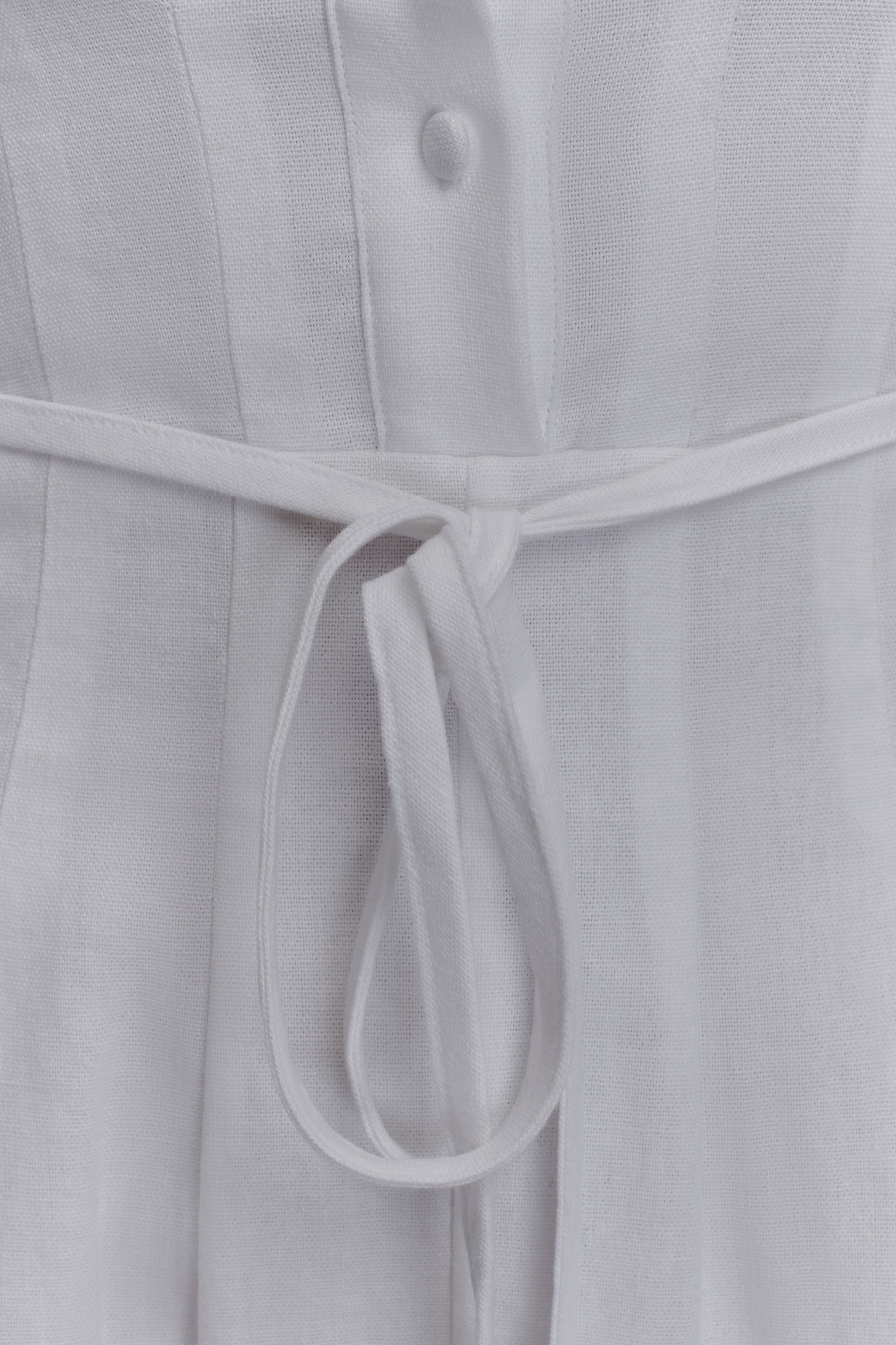 Buttoned Linen Midi Dress with Waist Tie | Aysha White