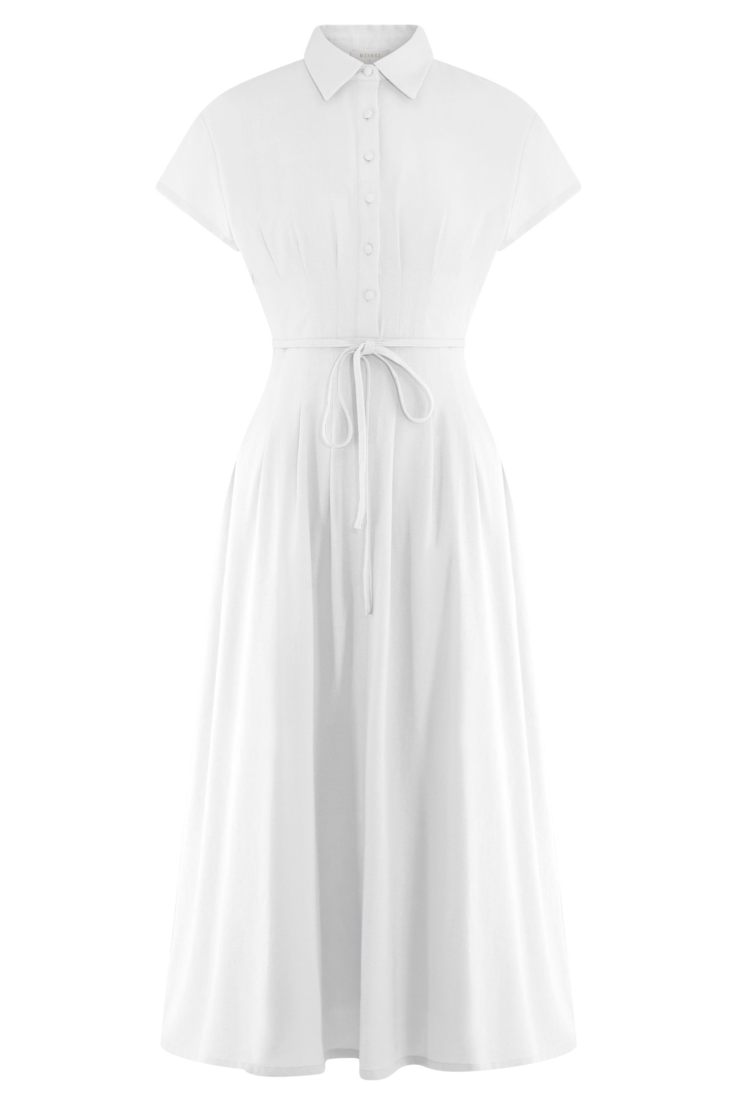 Buttoned Linen Midi Dress with Waist Tie | Aysha White