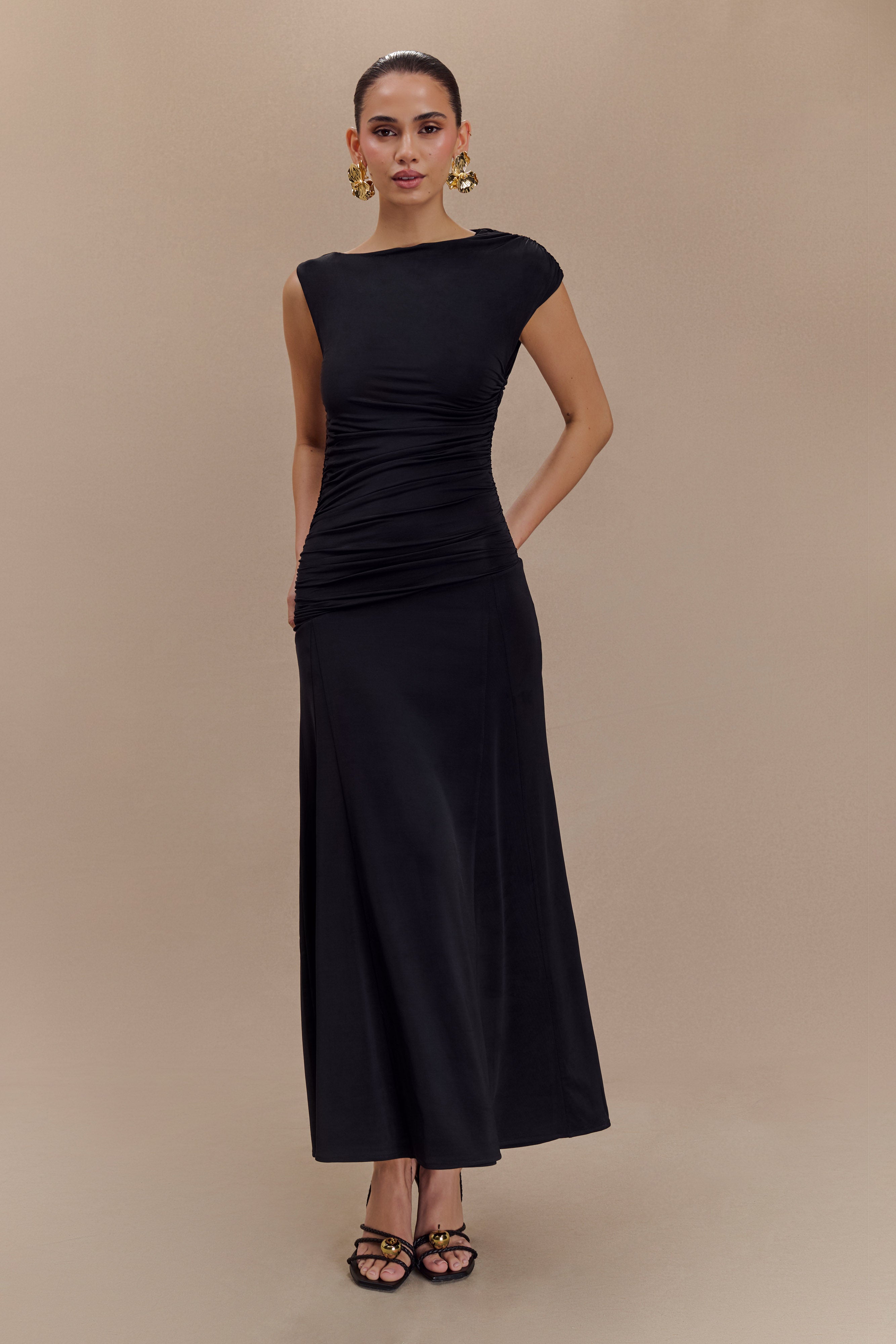 Asymmetric Slinky Midi Dress with Flared Hem | Navanna Black