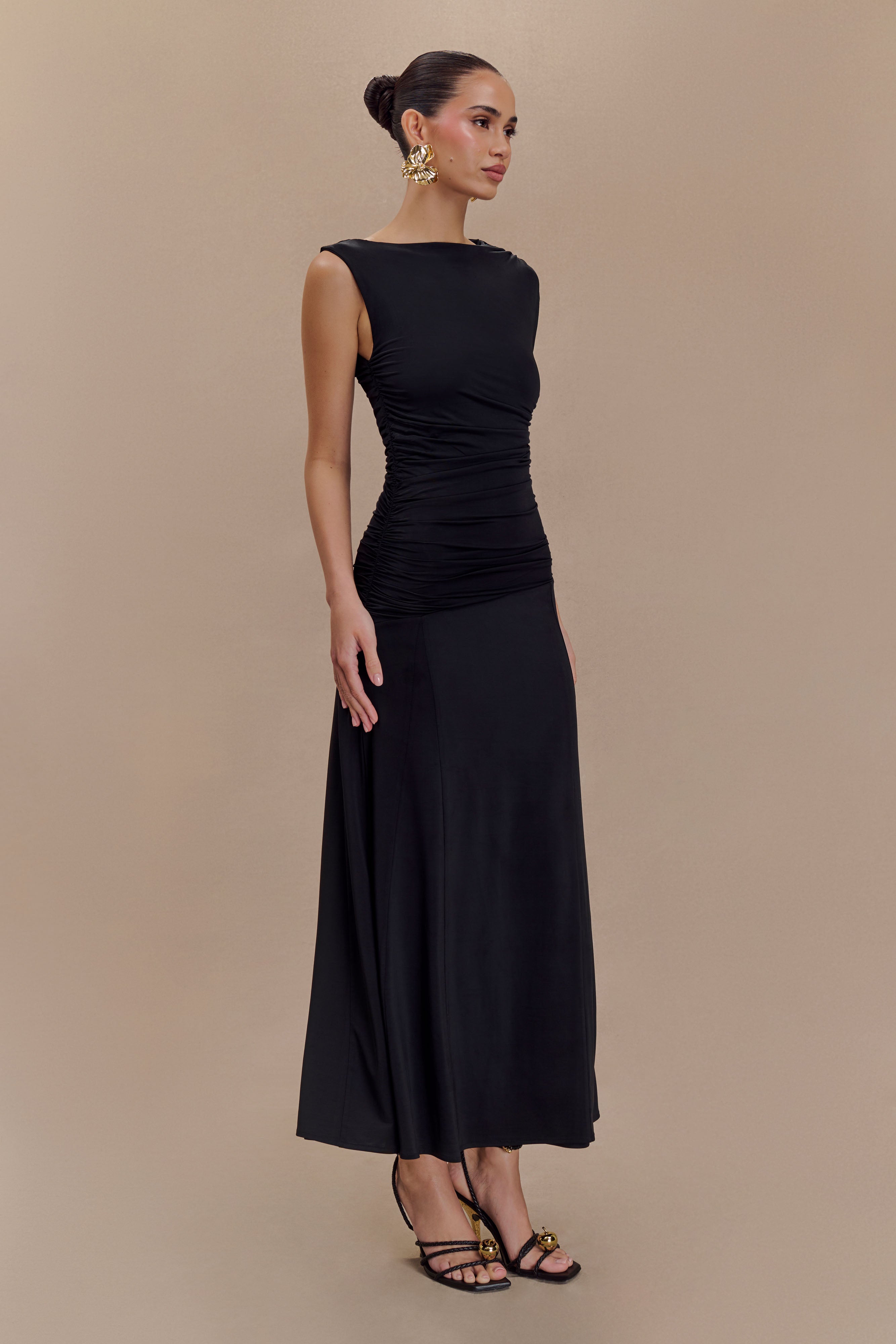 Asymmetric Slinky Midi Dress with Flared Hem | Navanna Black