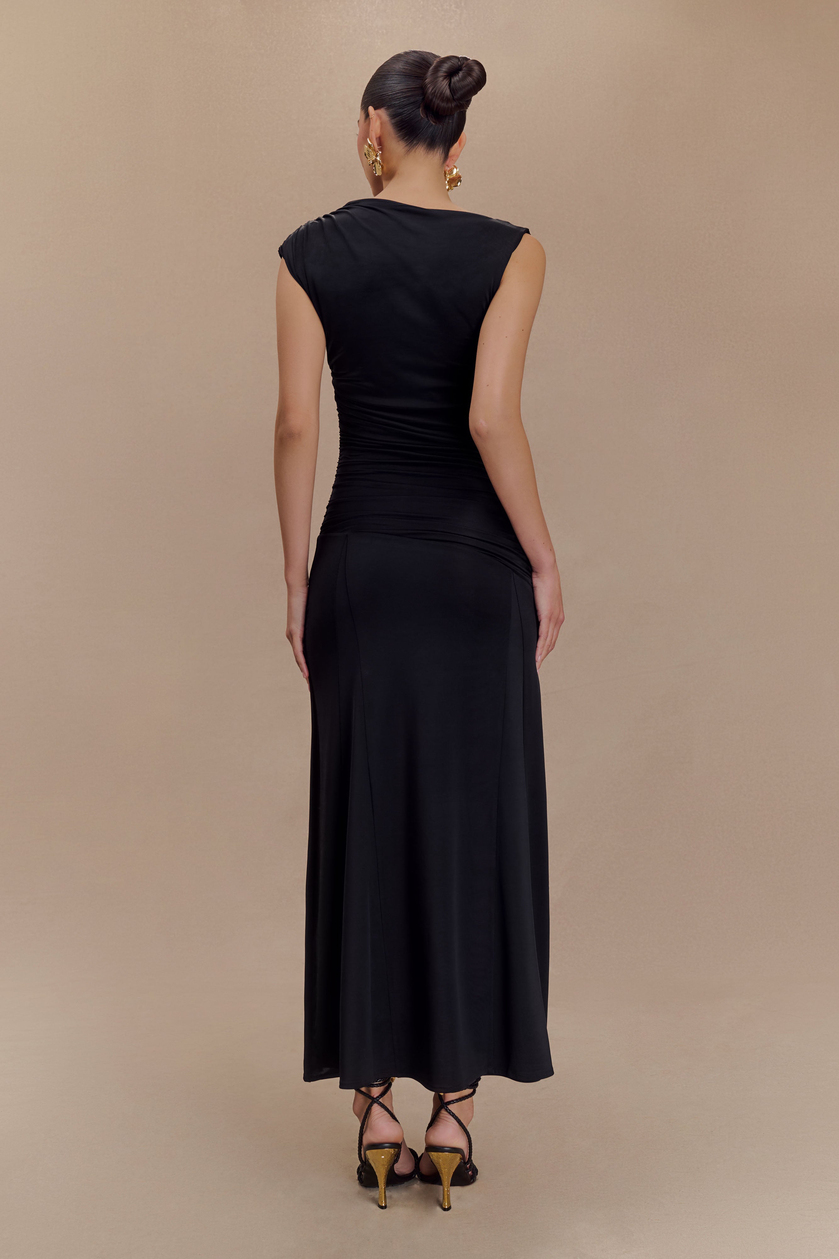 Asymmetric Slinky Midi Dress with Flared Hem | Navanna Black