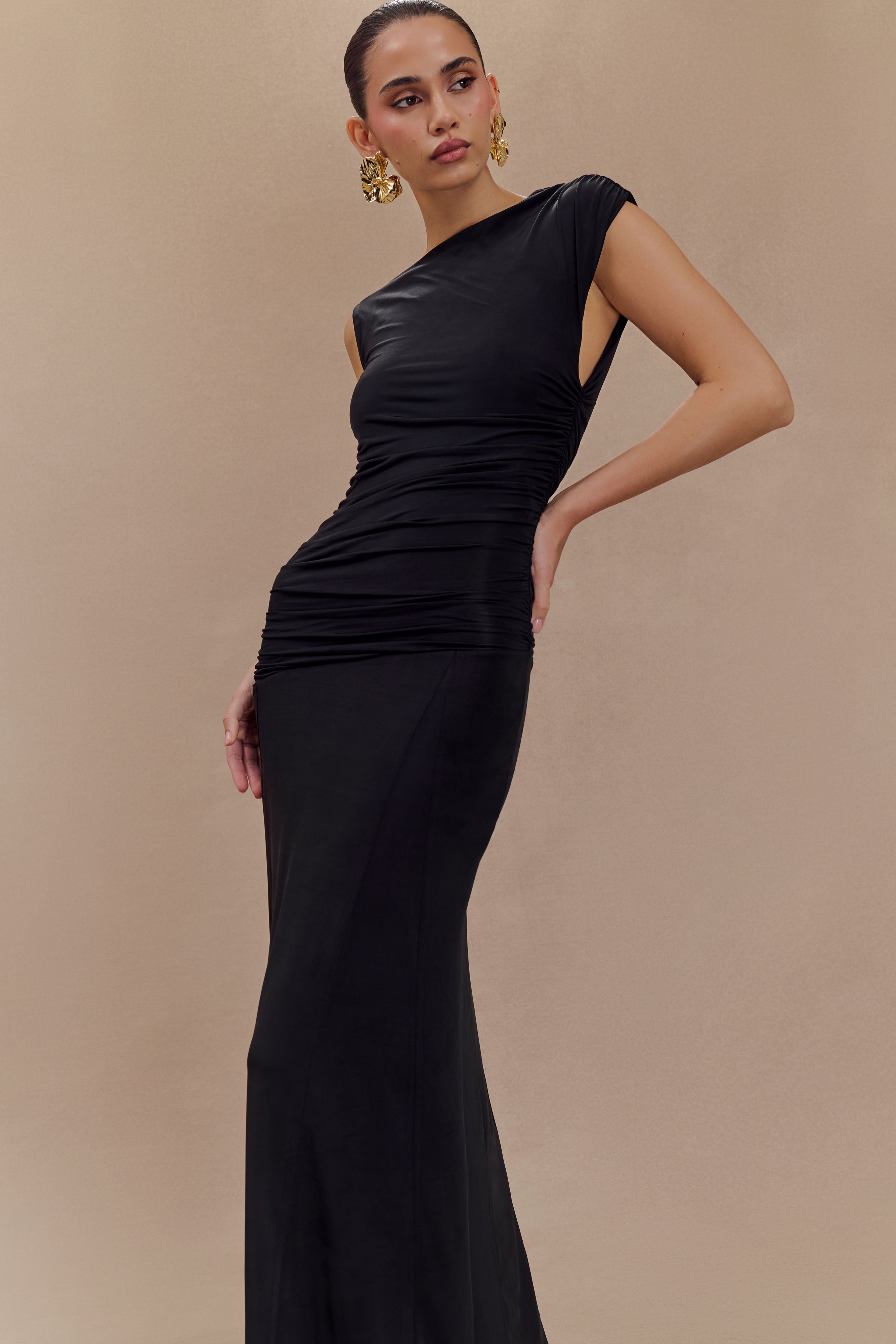 Asymmetric Slinky Midi Dress with Flared Hem | Navanna Black