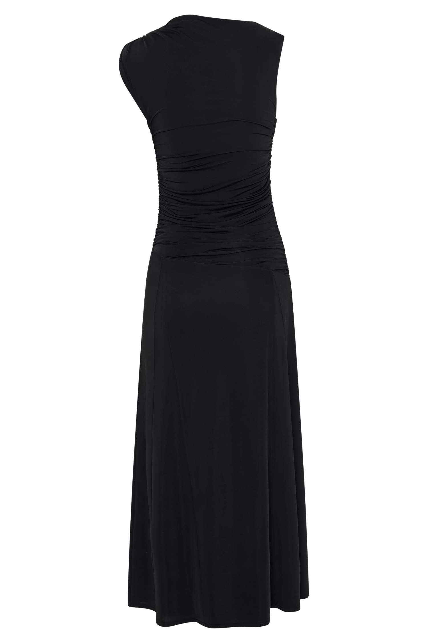 Asymmetric Slinky Midi Dress with Flared Hem | Navanna Black