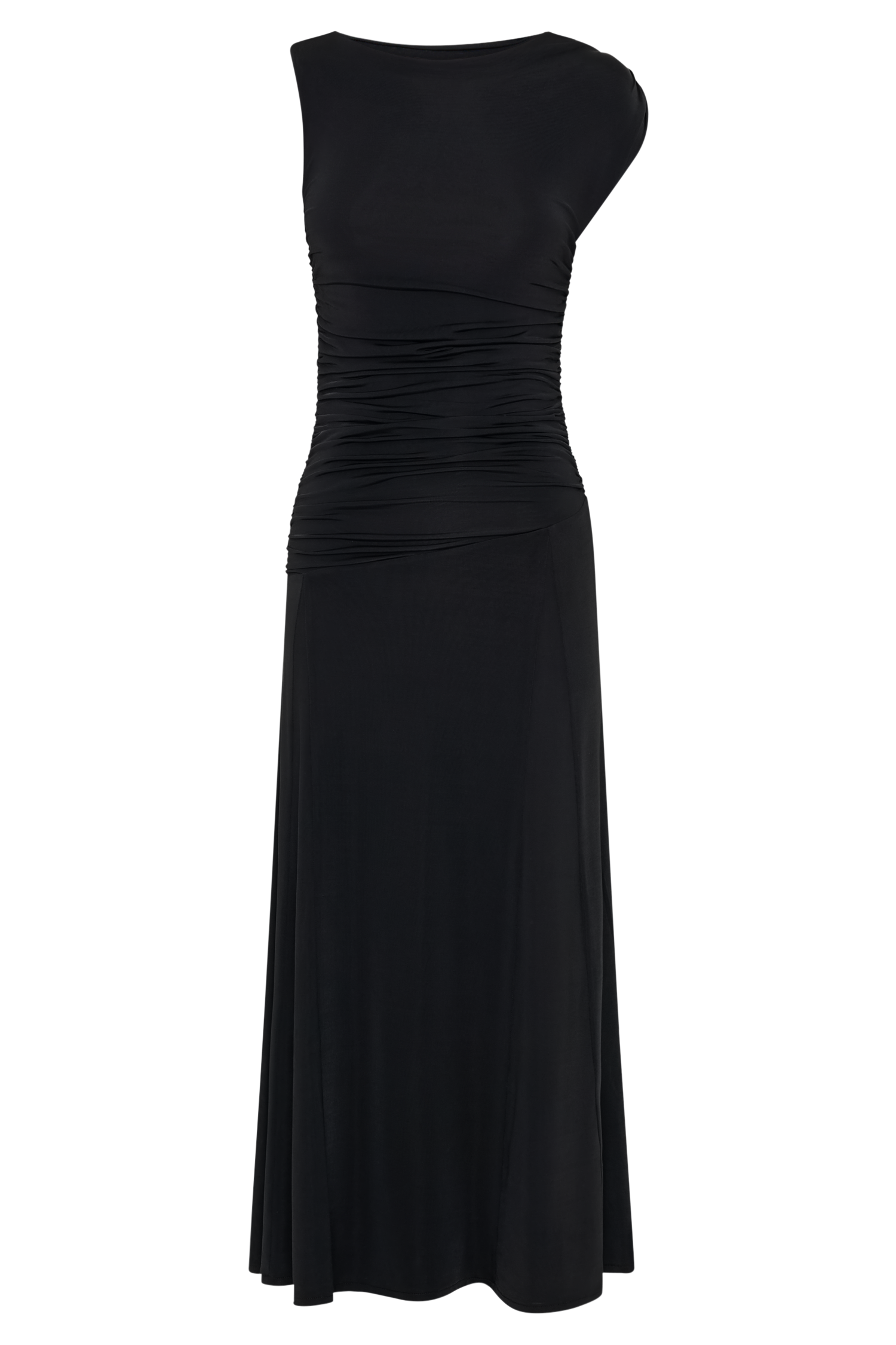 Asymmetric Slinky Midi Dress with Flared Hem | Navanna Black