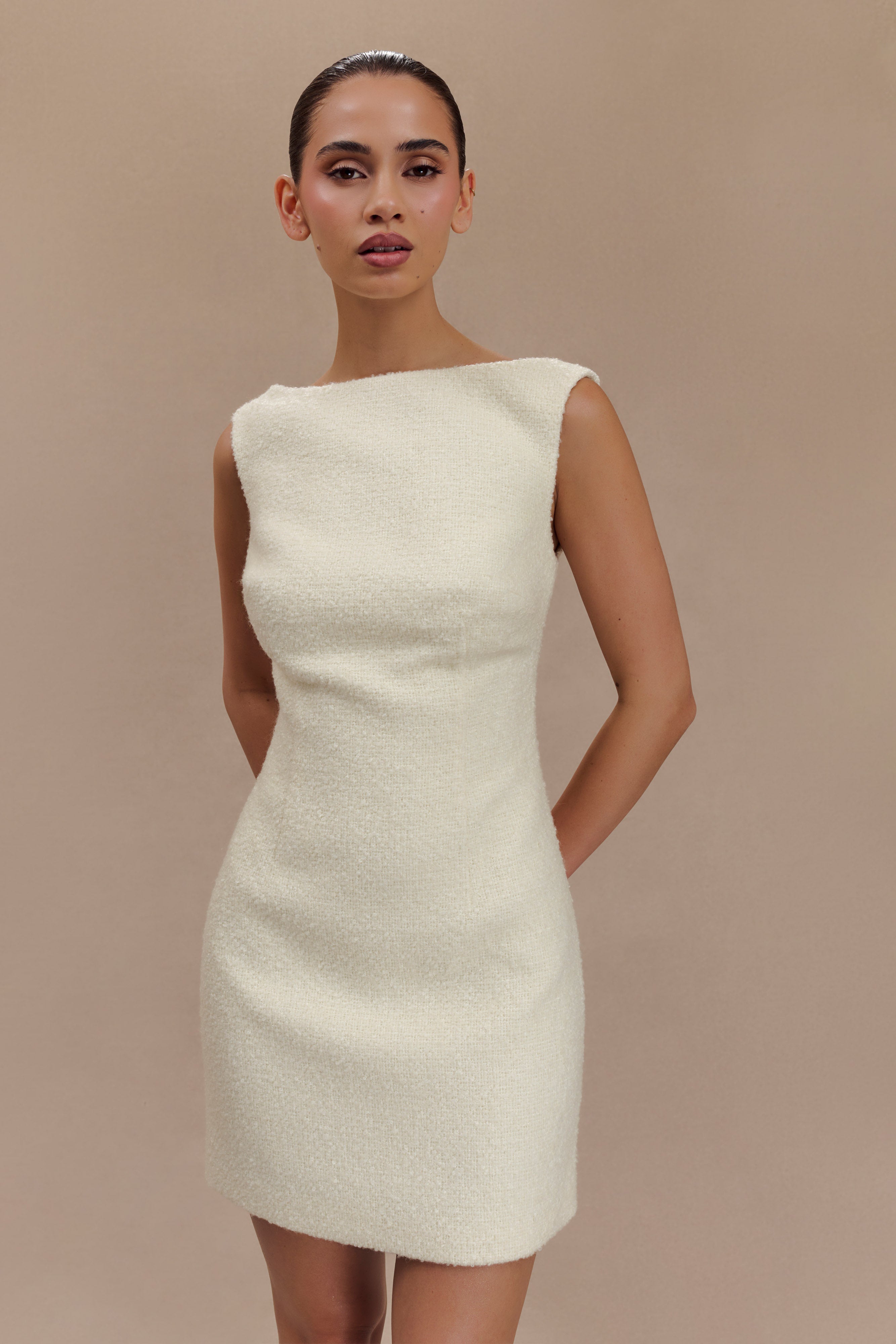 Boucle Mini Dress with Boat Neck & A-Line Skirt | Angela Ivory