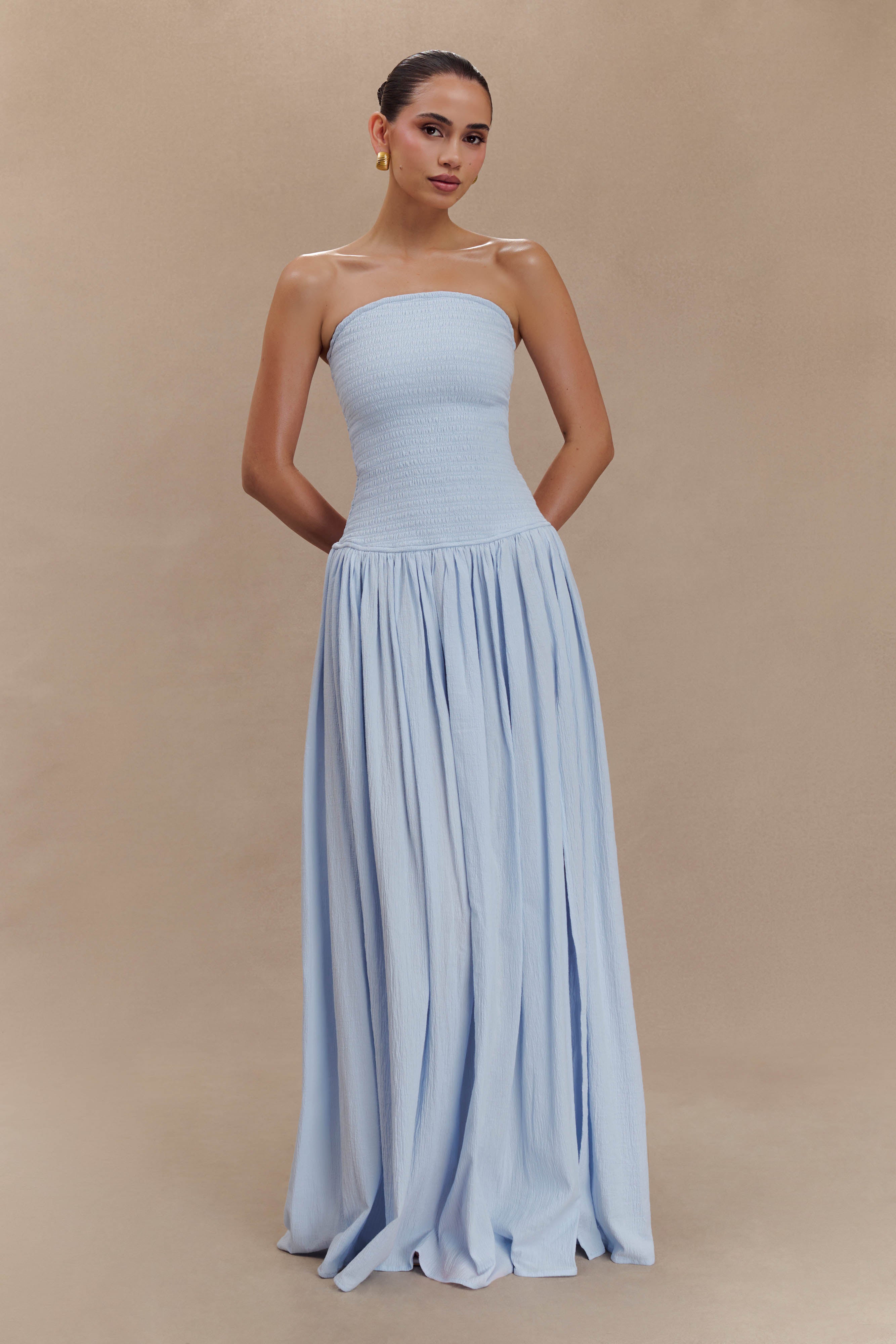 Strapless Cotton Shirring Maxi Dress with Leg Split | Maureen