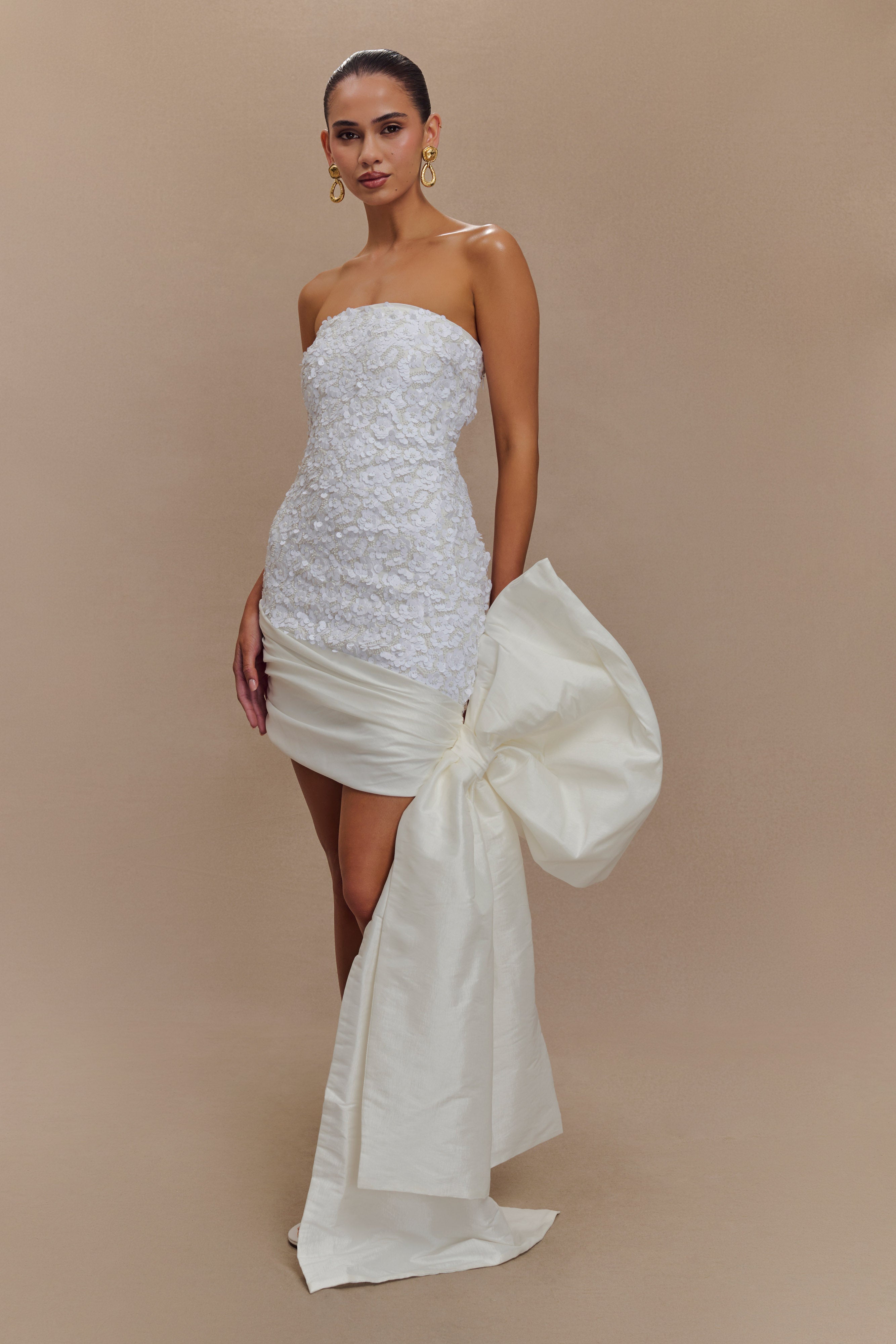 Strapless Sequin Mini Dress with Oversized Bow | Franka White