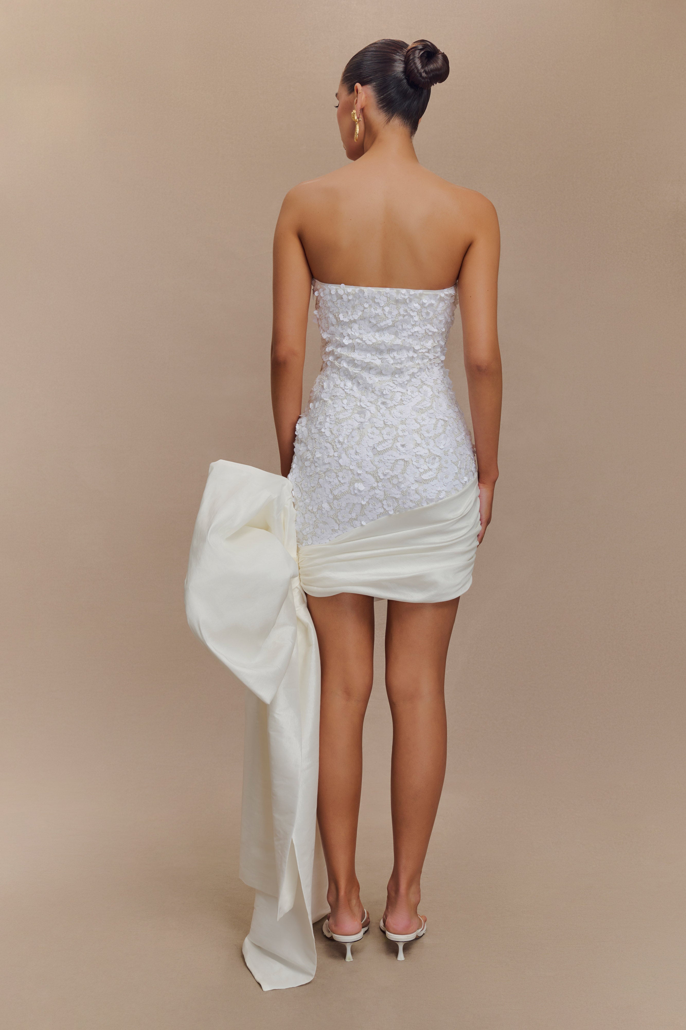 Strapless Sequin Mini Dress with Oversized Bow | Franka White