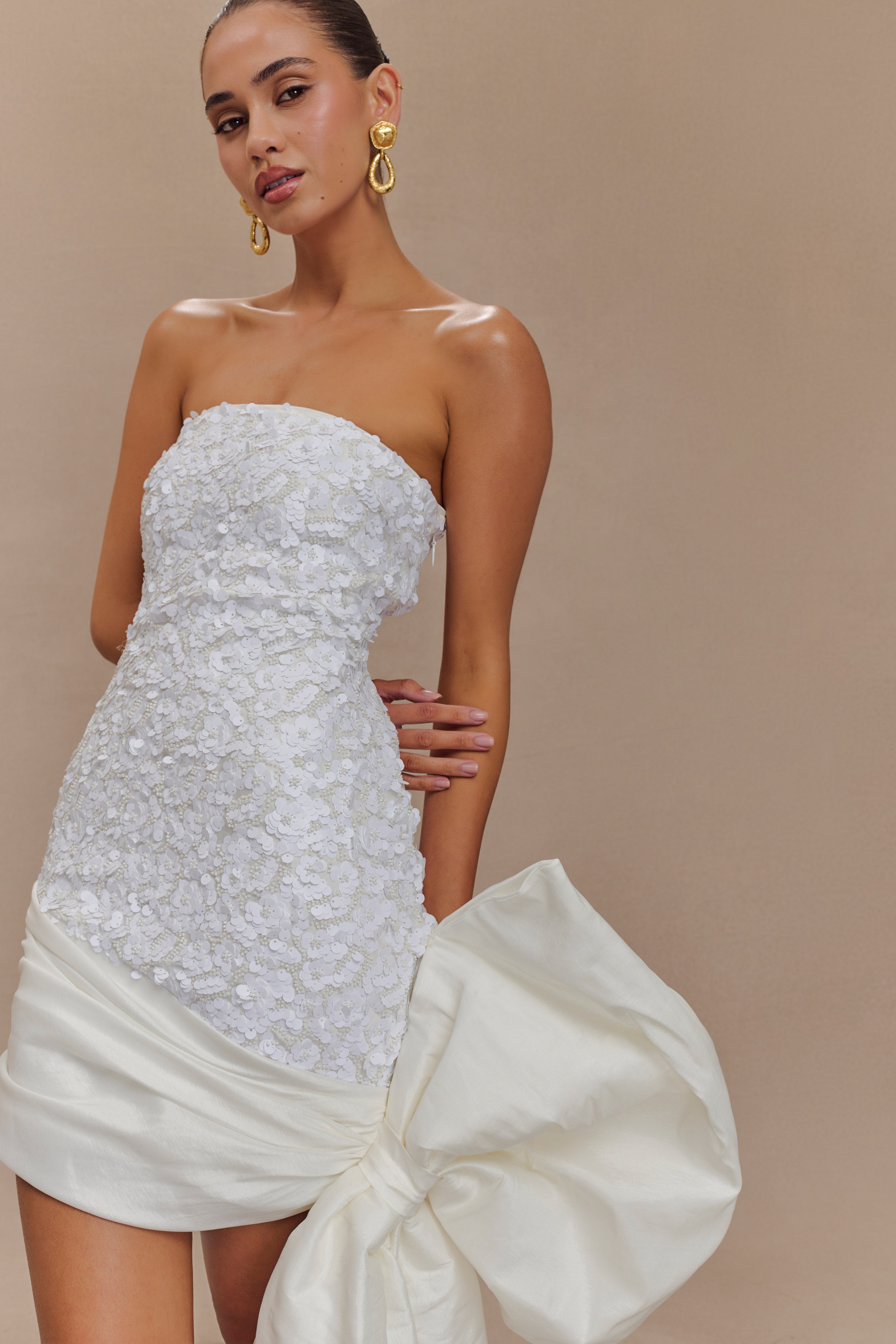 Strapless Sequin Mini Dress with Oversized Bow | Franka White