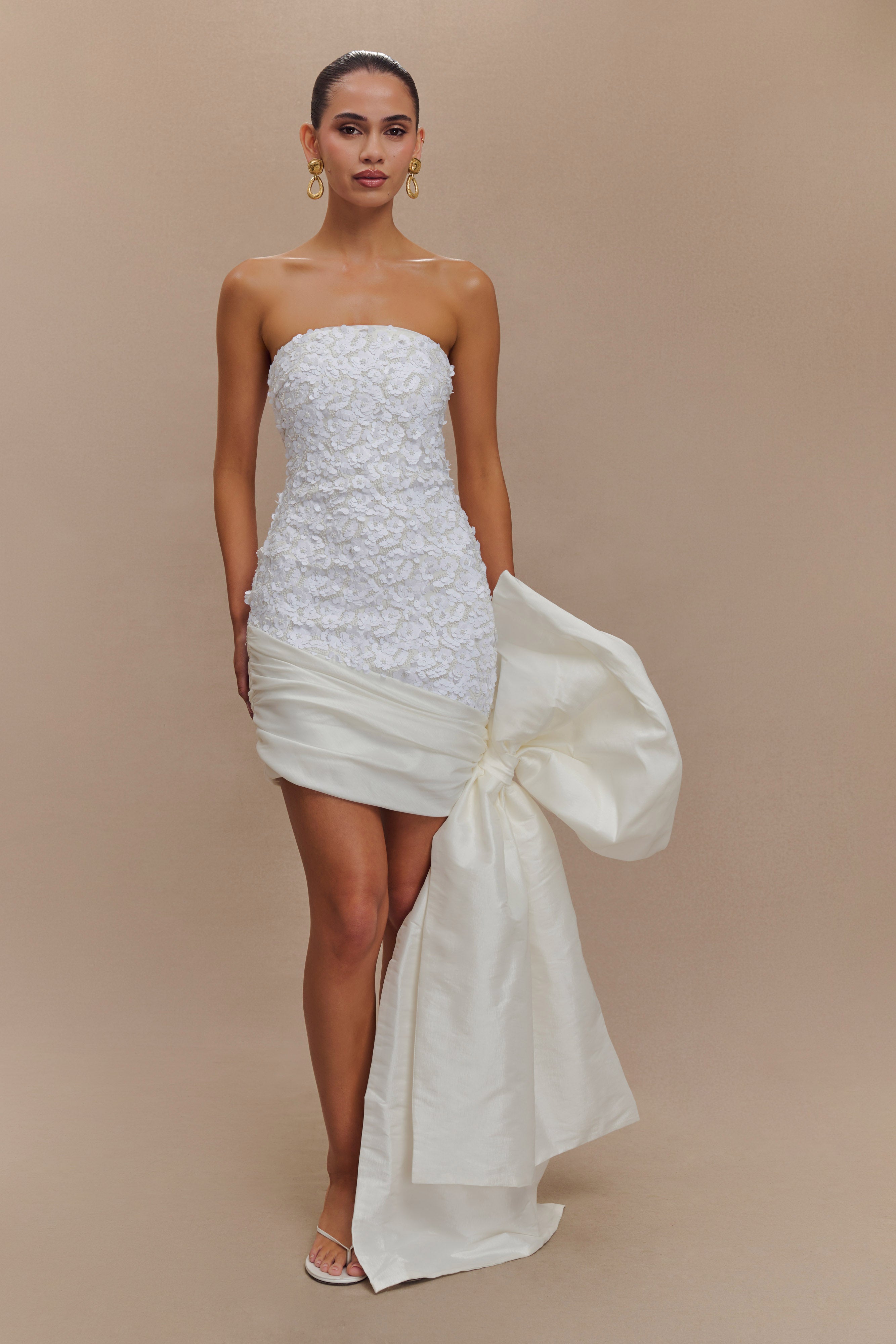 Strapless Sequin Mini Dress with Oversized Bow | Franka White