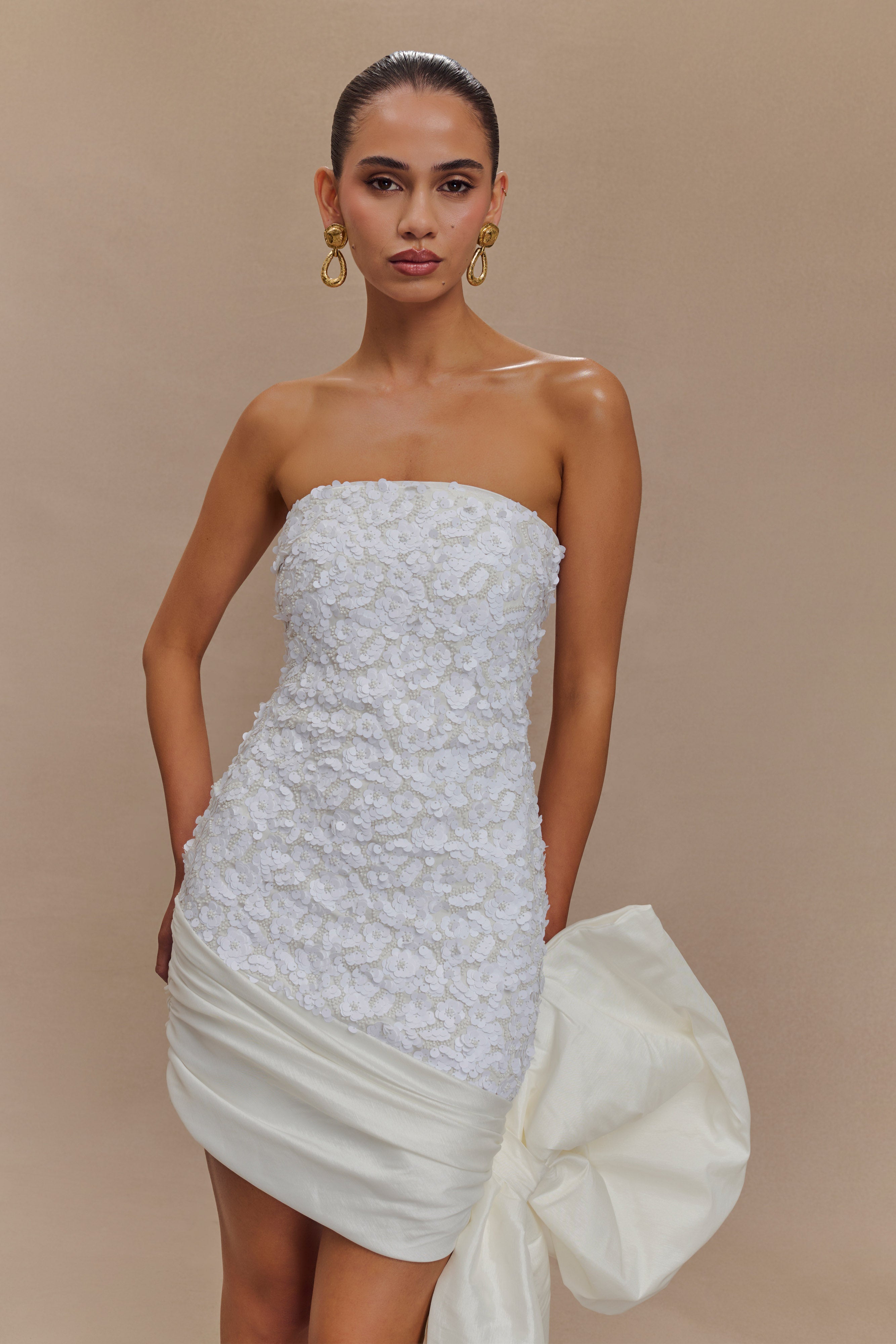 Strapless Sequin Mini Dress with Oversized Bow | Franka White