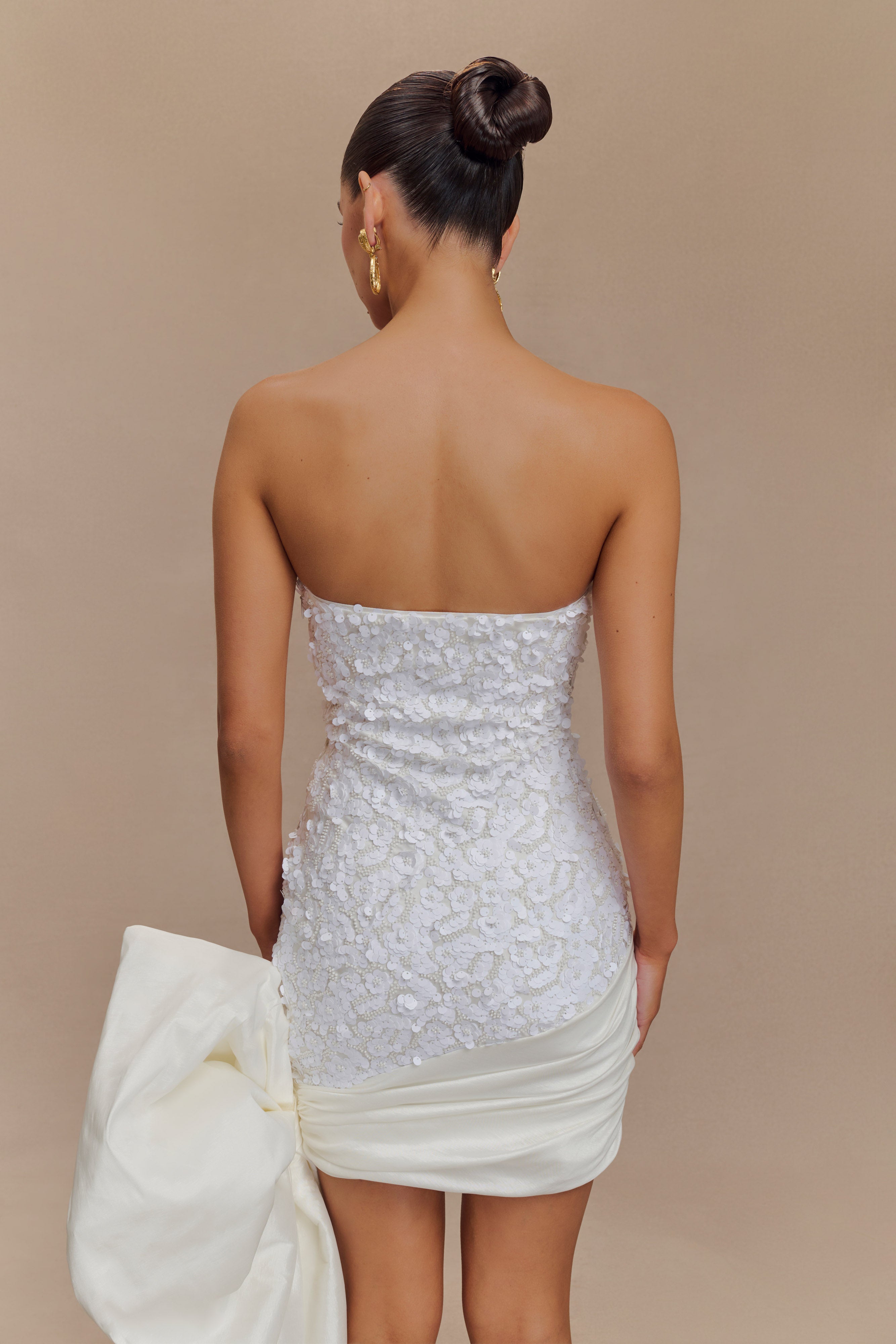 Strapless Sequin Mini Dress with Oversized Bow | Franka White
