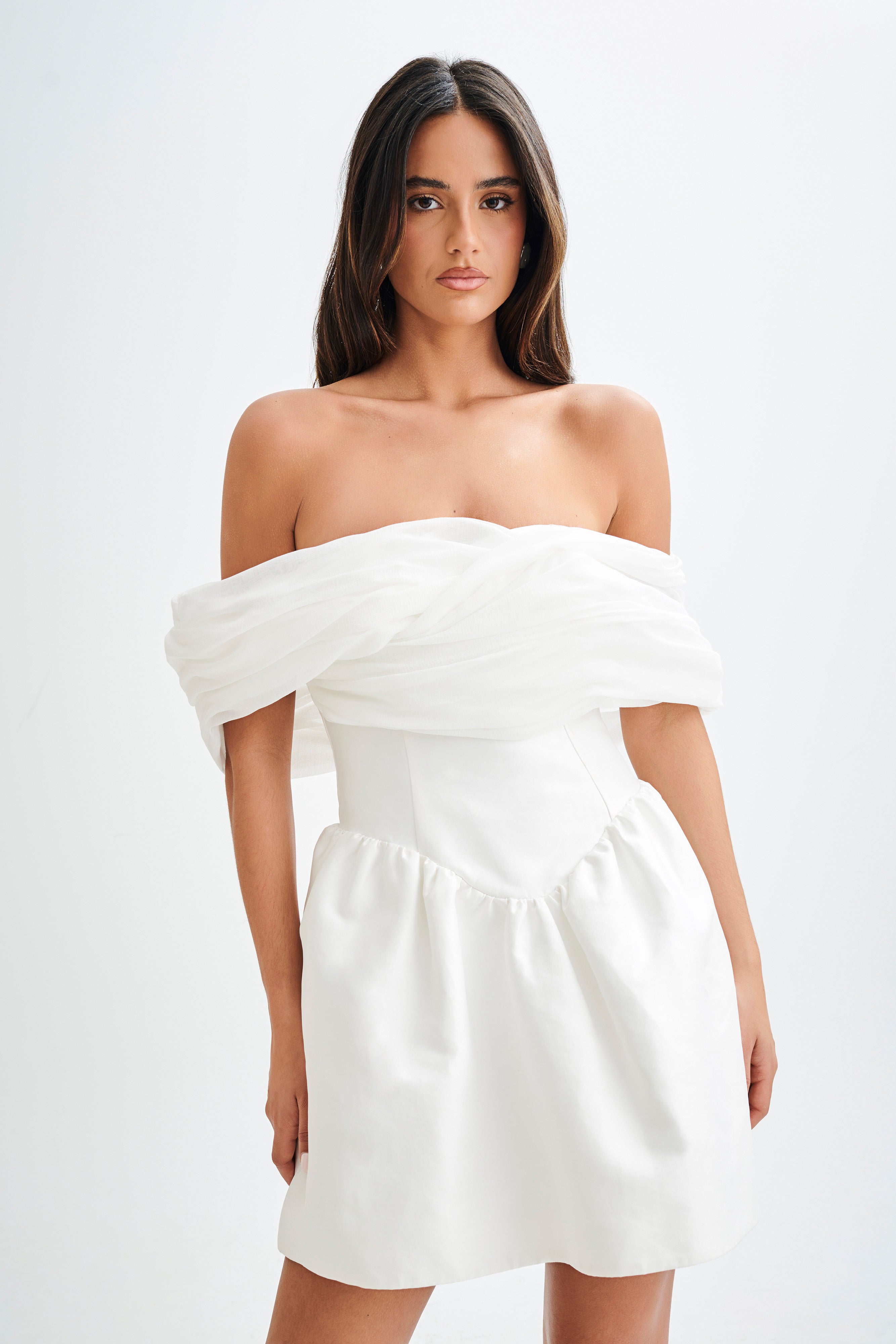 Structured Mini Dress with Tulle Overlay & Off-Shoulder | Tessa