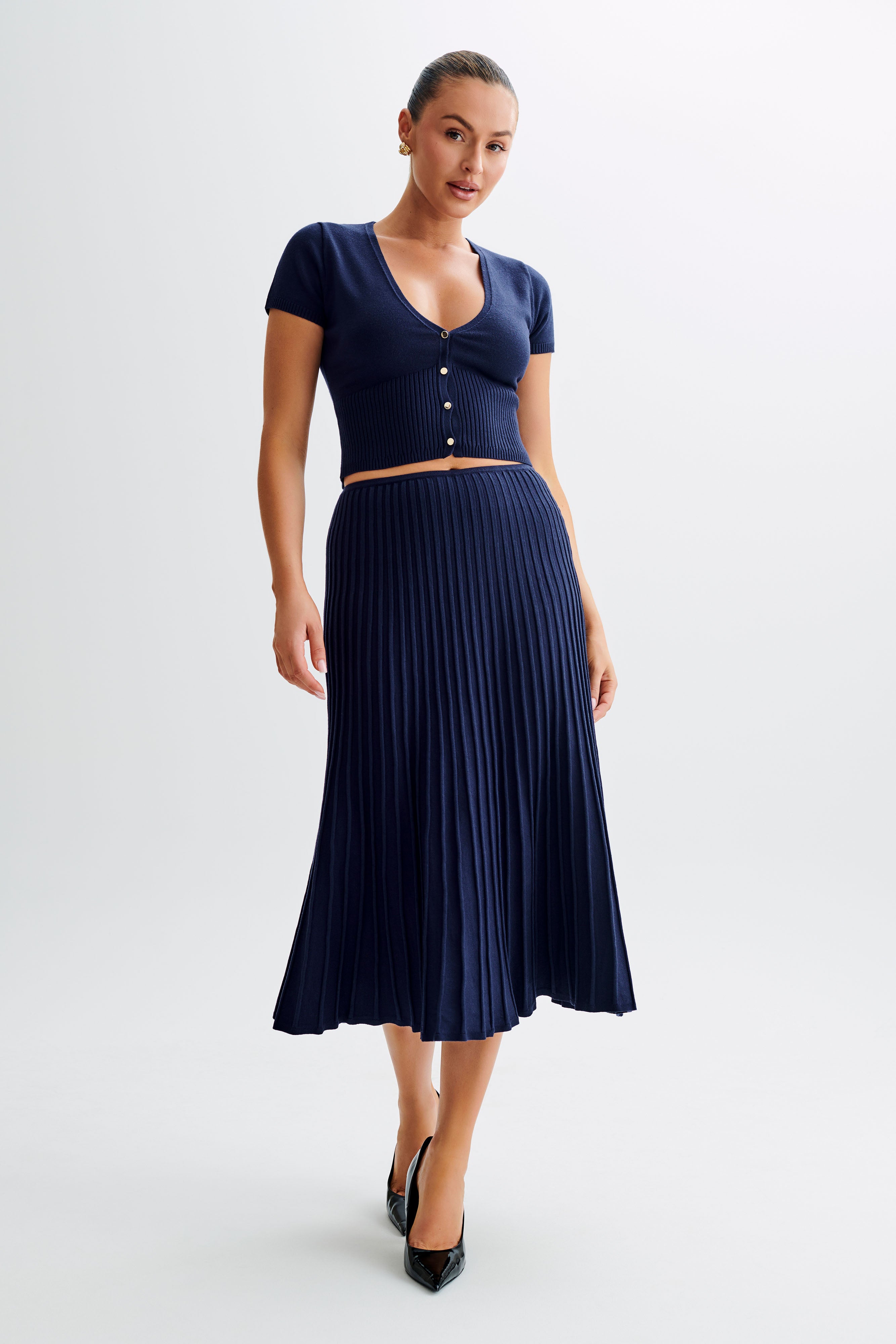 Rib Knit Midi Skirt with Flared Hem | Jolene Navy