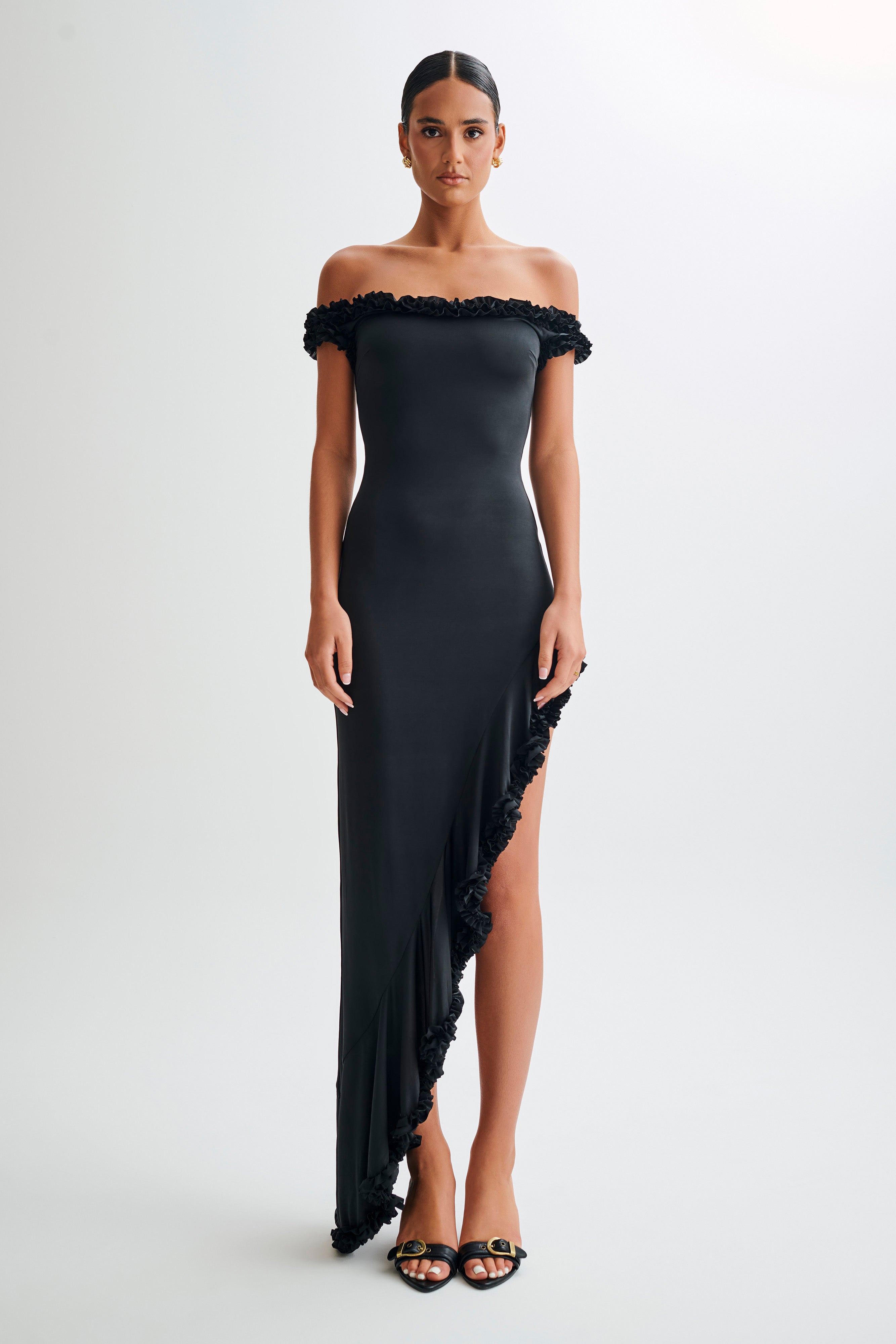 Off Shoulder Ruffle Midi Dress with Floral Appliqué | Arielle Black