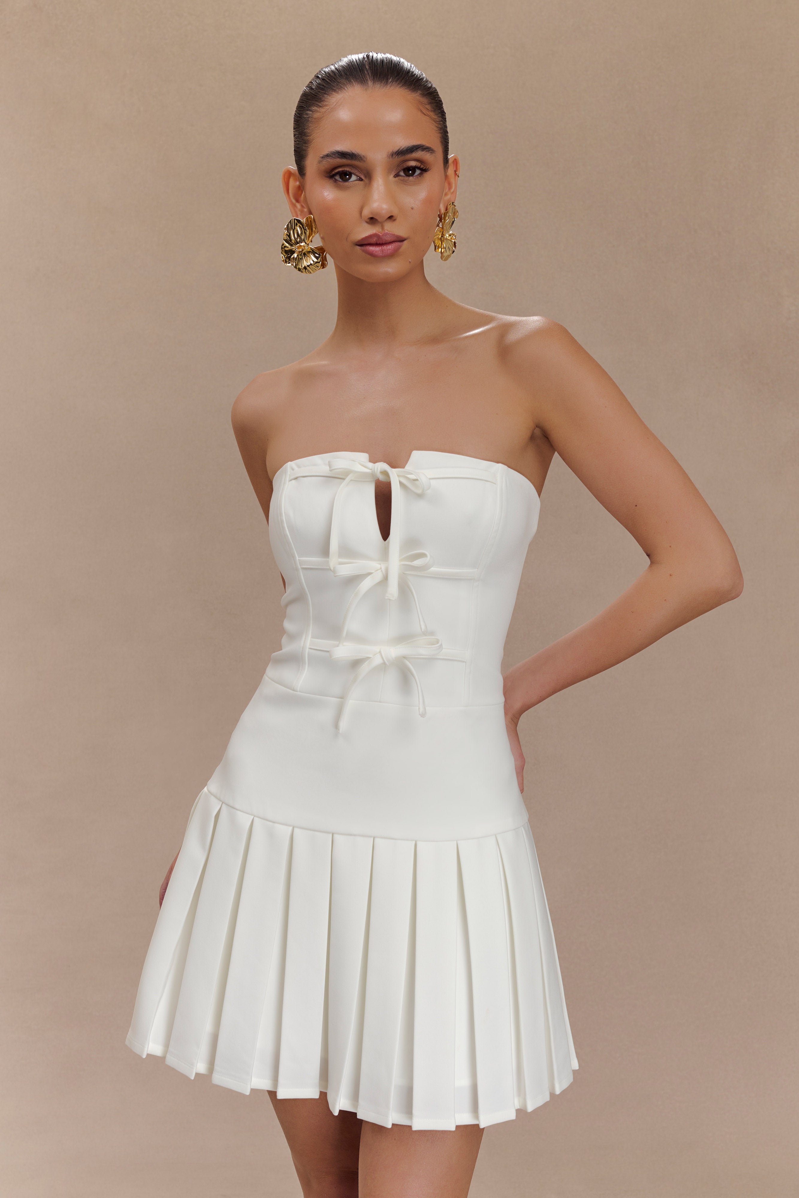 Pleated Mini Dress with Ties for Women | Naya White