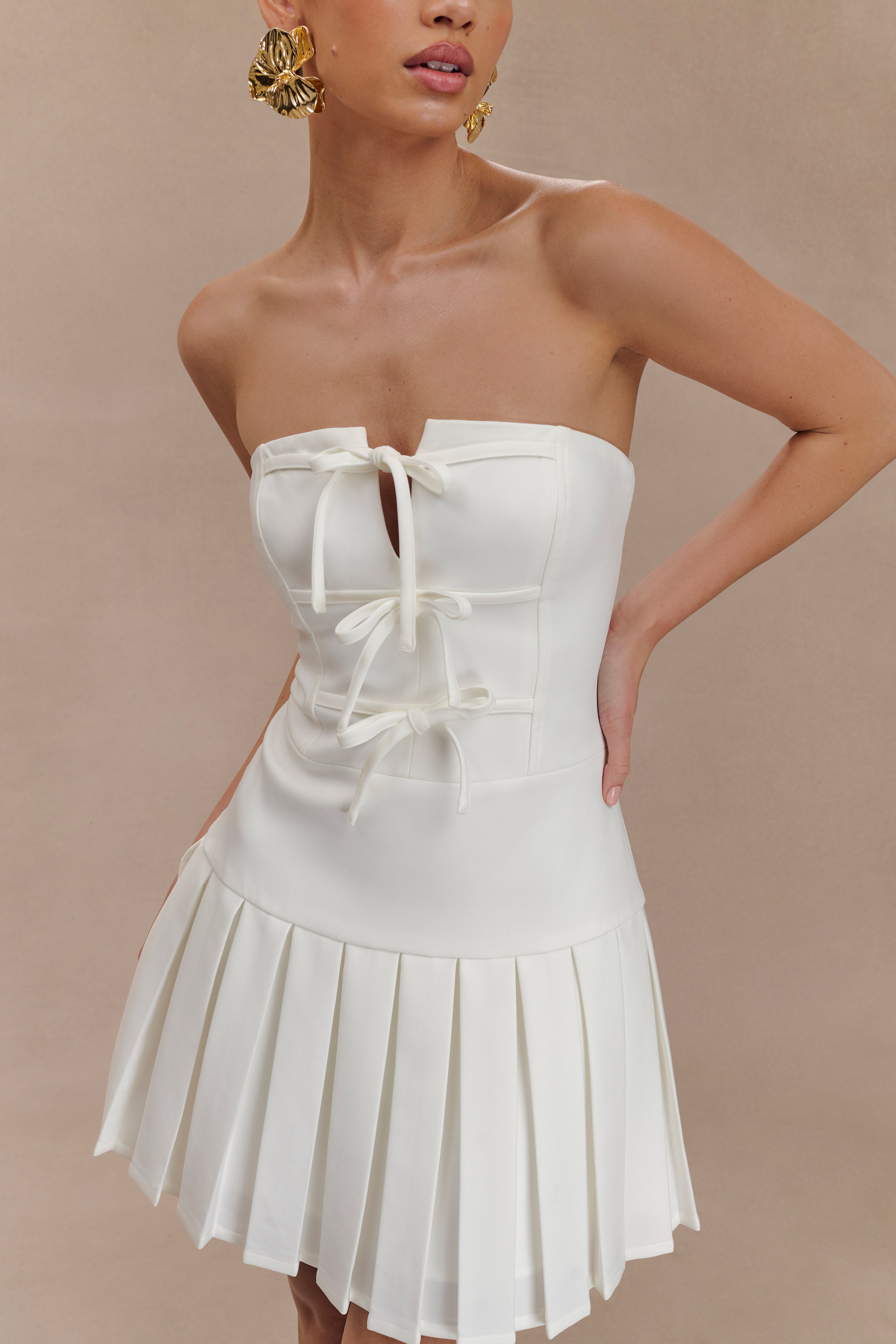 Pleated Mini Dress with Ties for Women | Naya White
