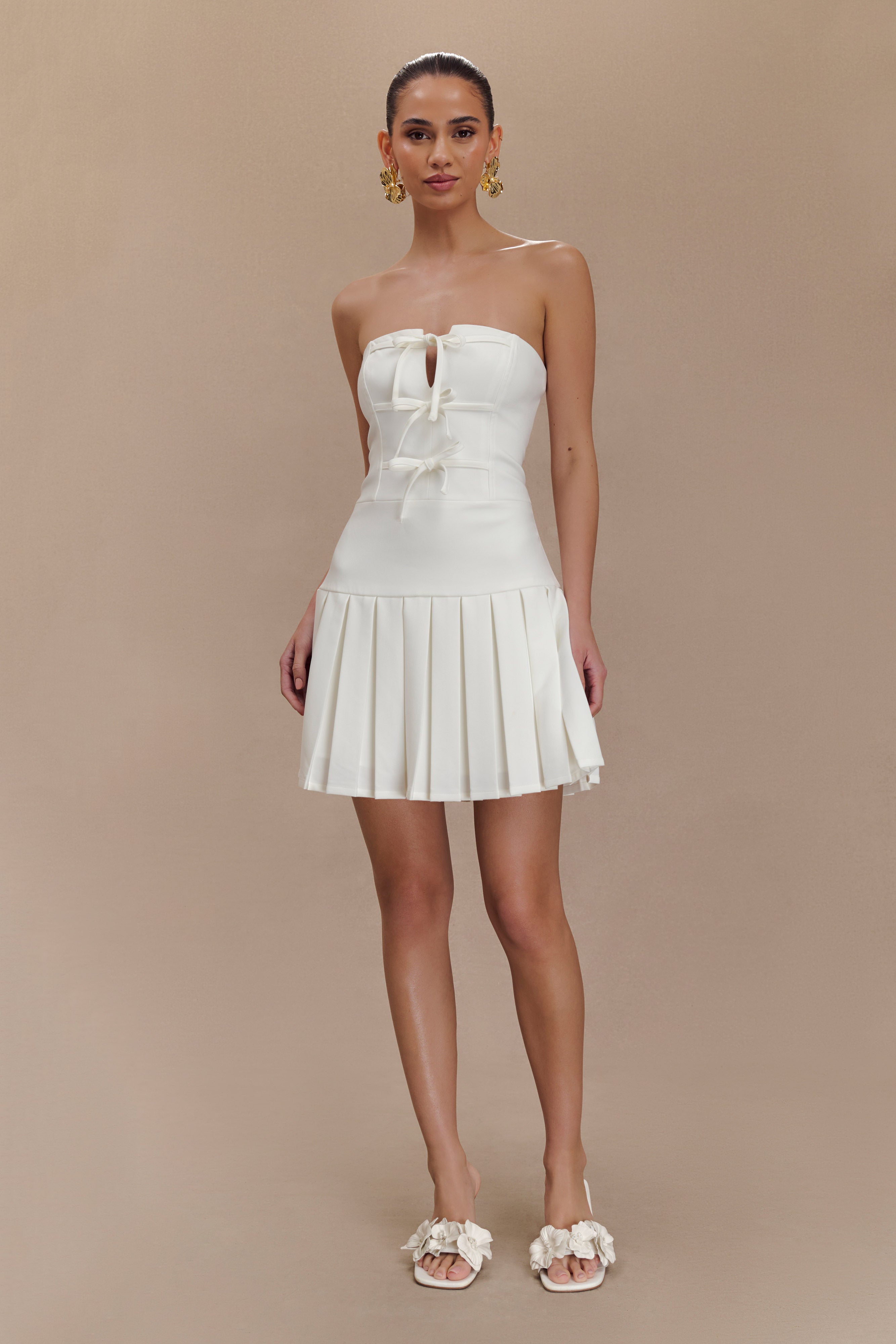 Pleated Mini Dress with Ties for Women | Naya White