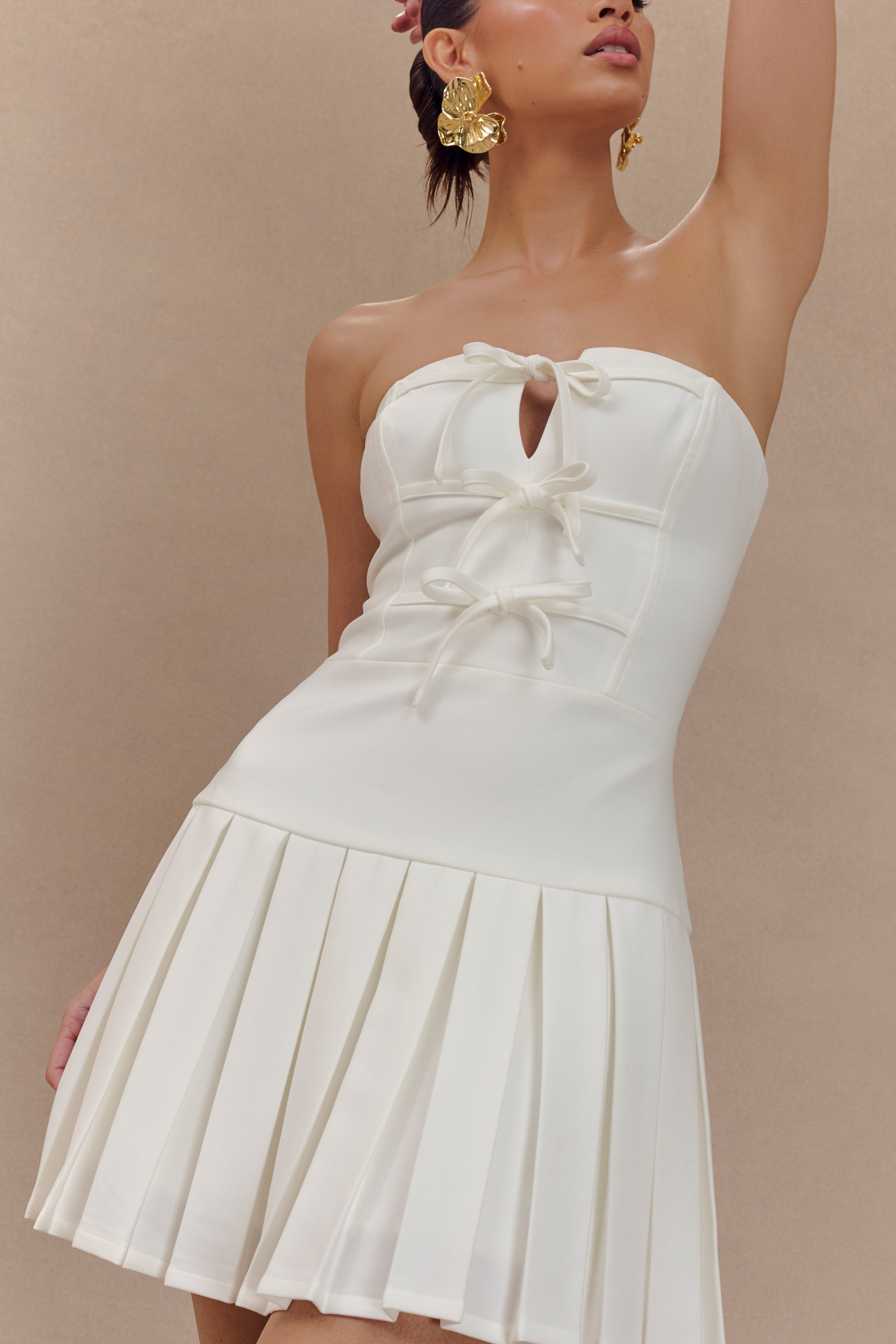 Pleated Mini Dress with Ties for Women | Naya White