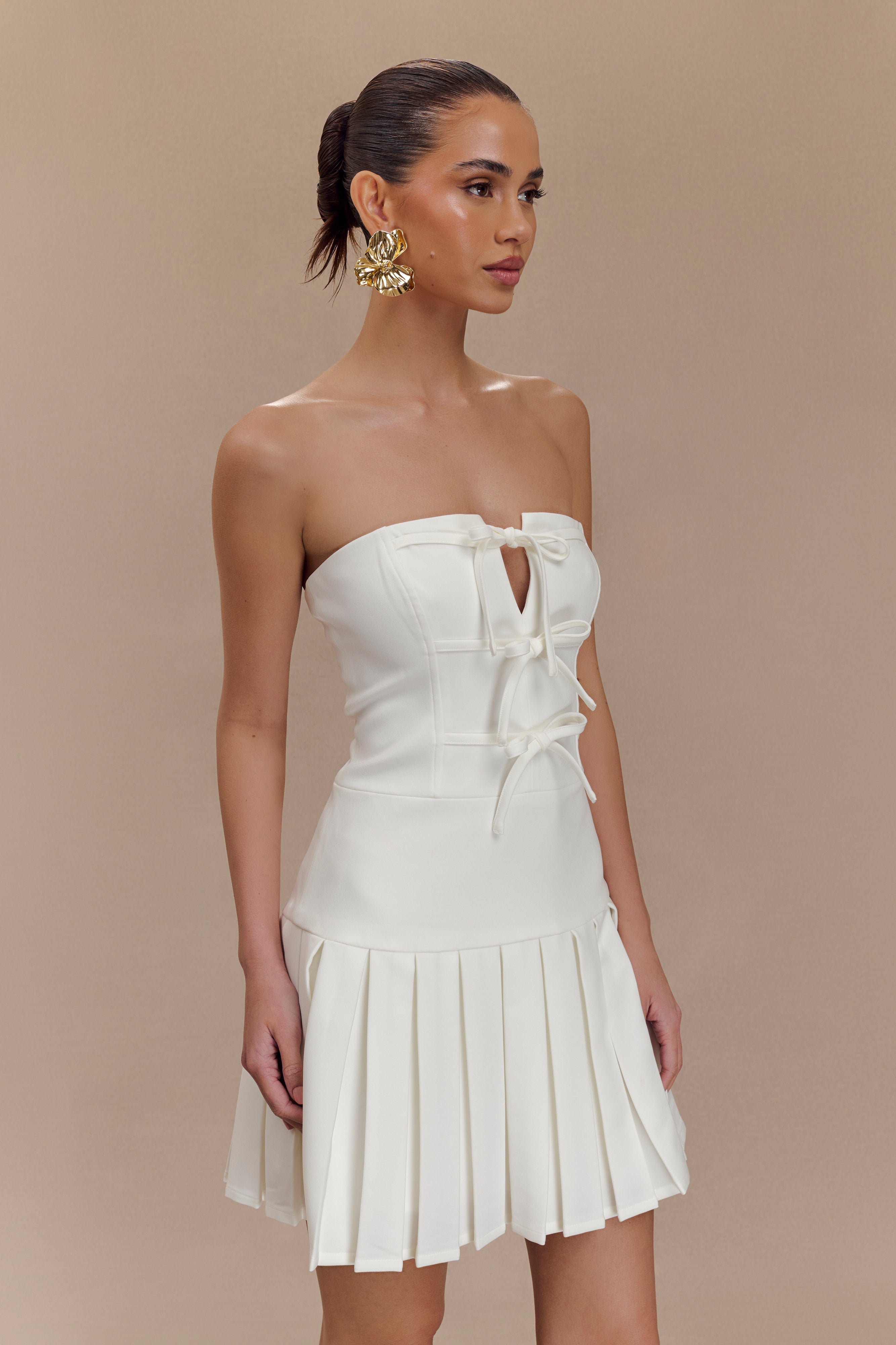Pleated Mini Dress with Ties for Women | Naya White