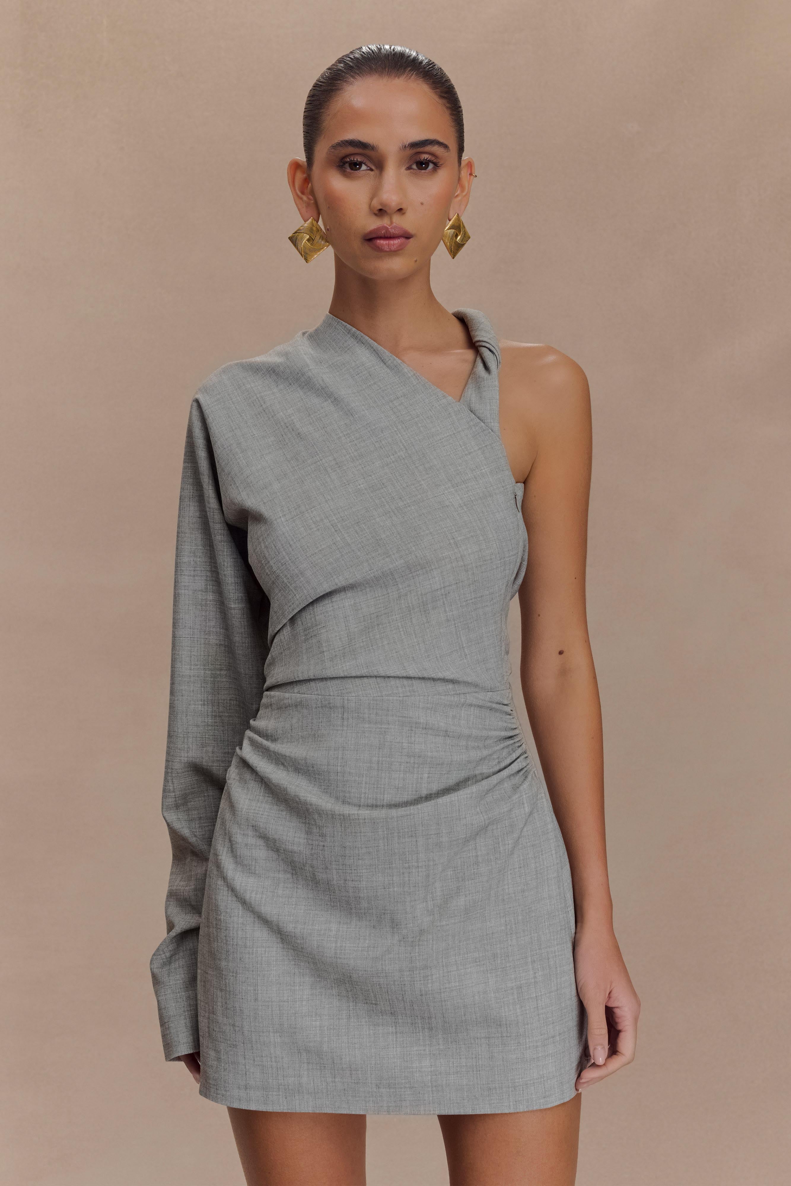 One-Shoulder Mini Dress with Twisted Strap | Dorian Charcoal Marle