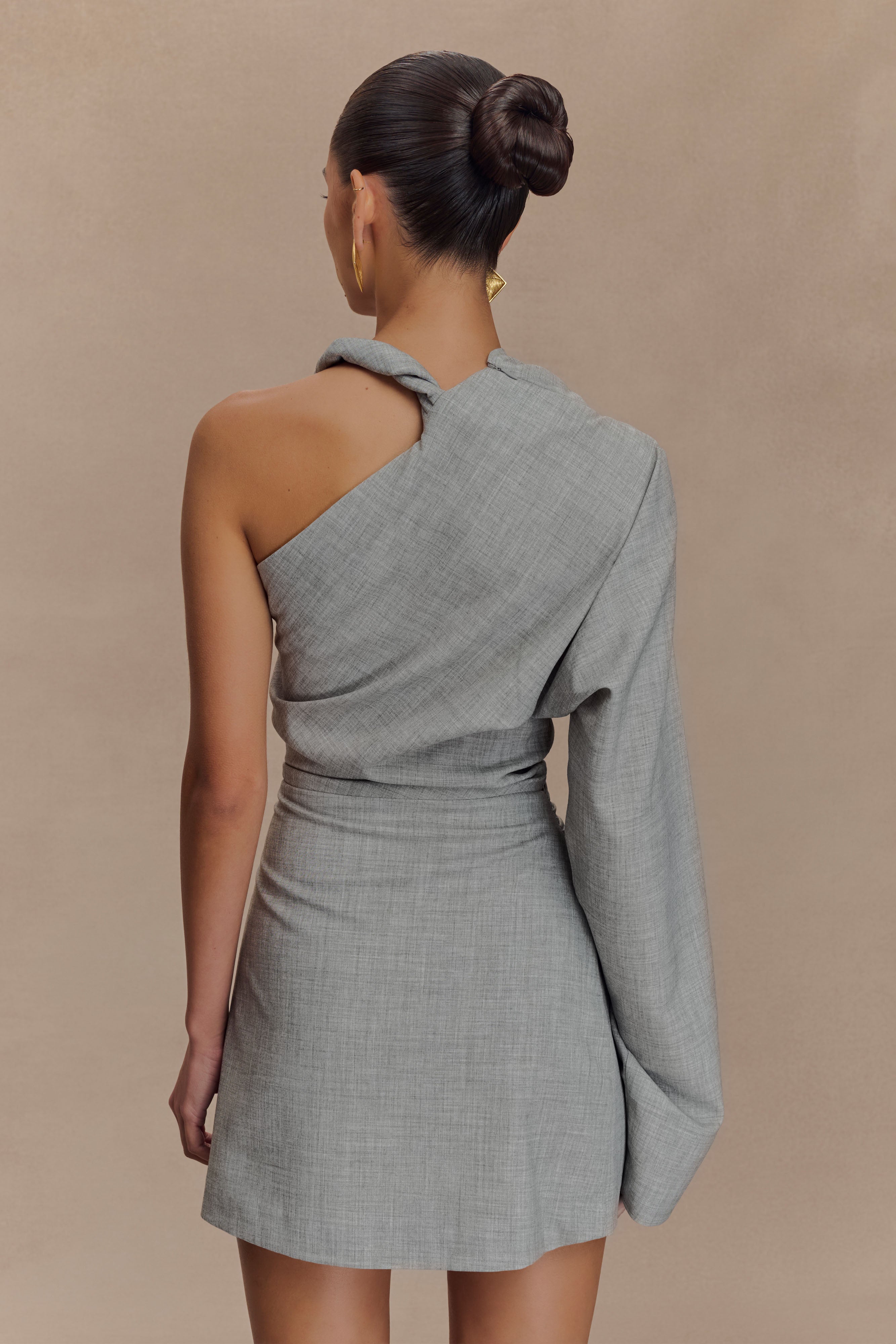 One-Shoulder Mini Dress with Twisted Strap | Dorian Charcoal Marle